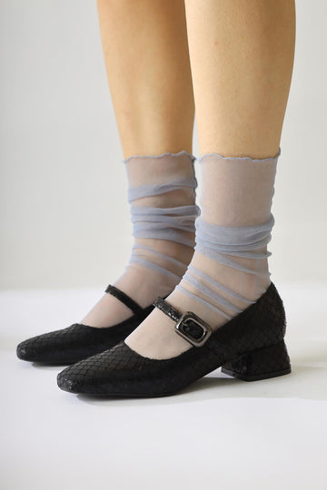 Abby Black Fish Scale Textured Square Toe Buckle Detail Everyday Shoe