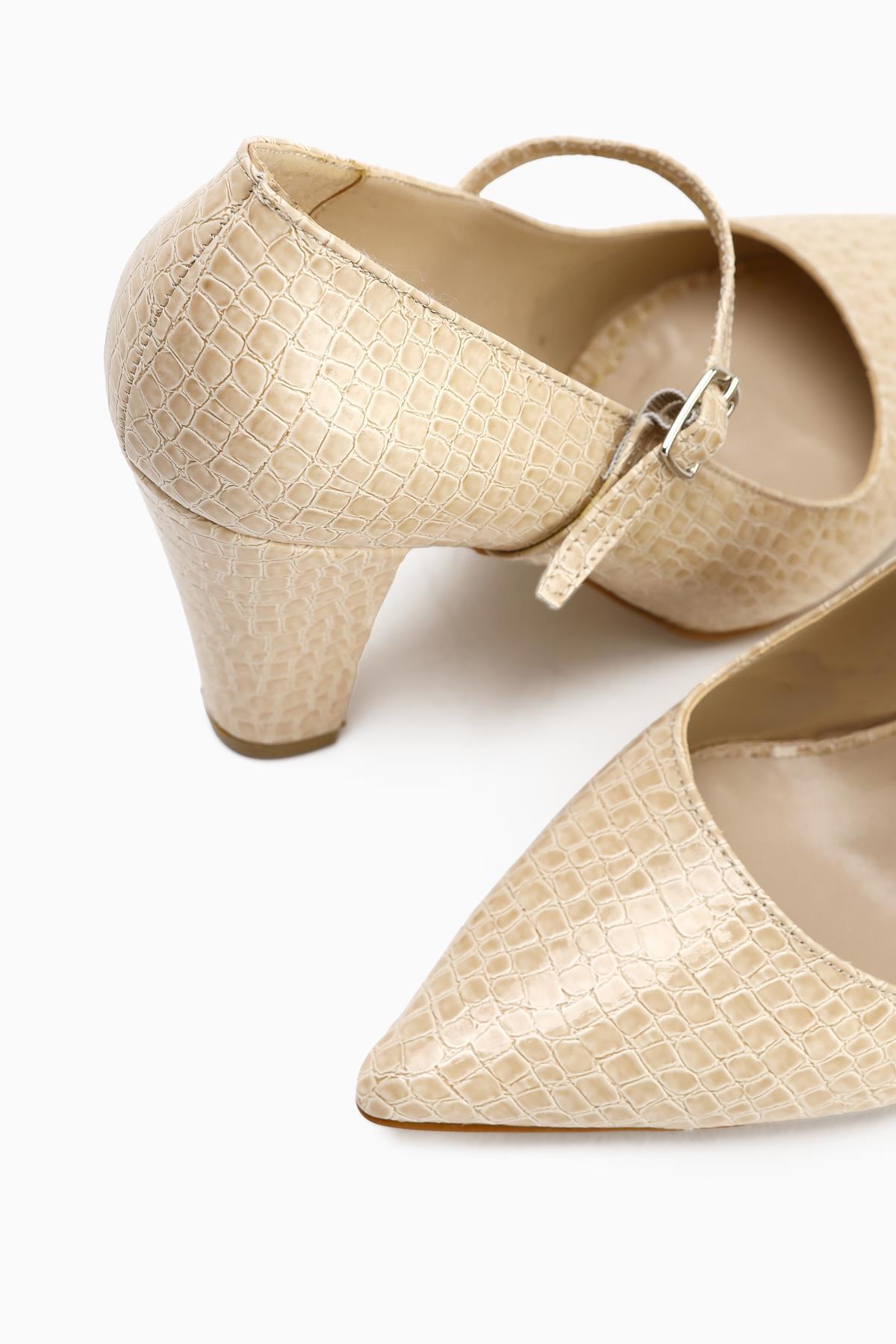 Beate Beige Crocodile Leather Print Pointed Toe Heeled Women’s Shoes