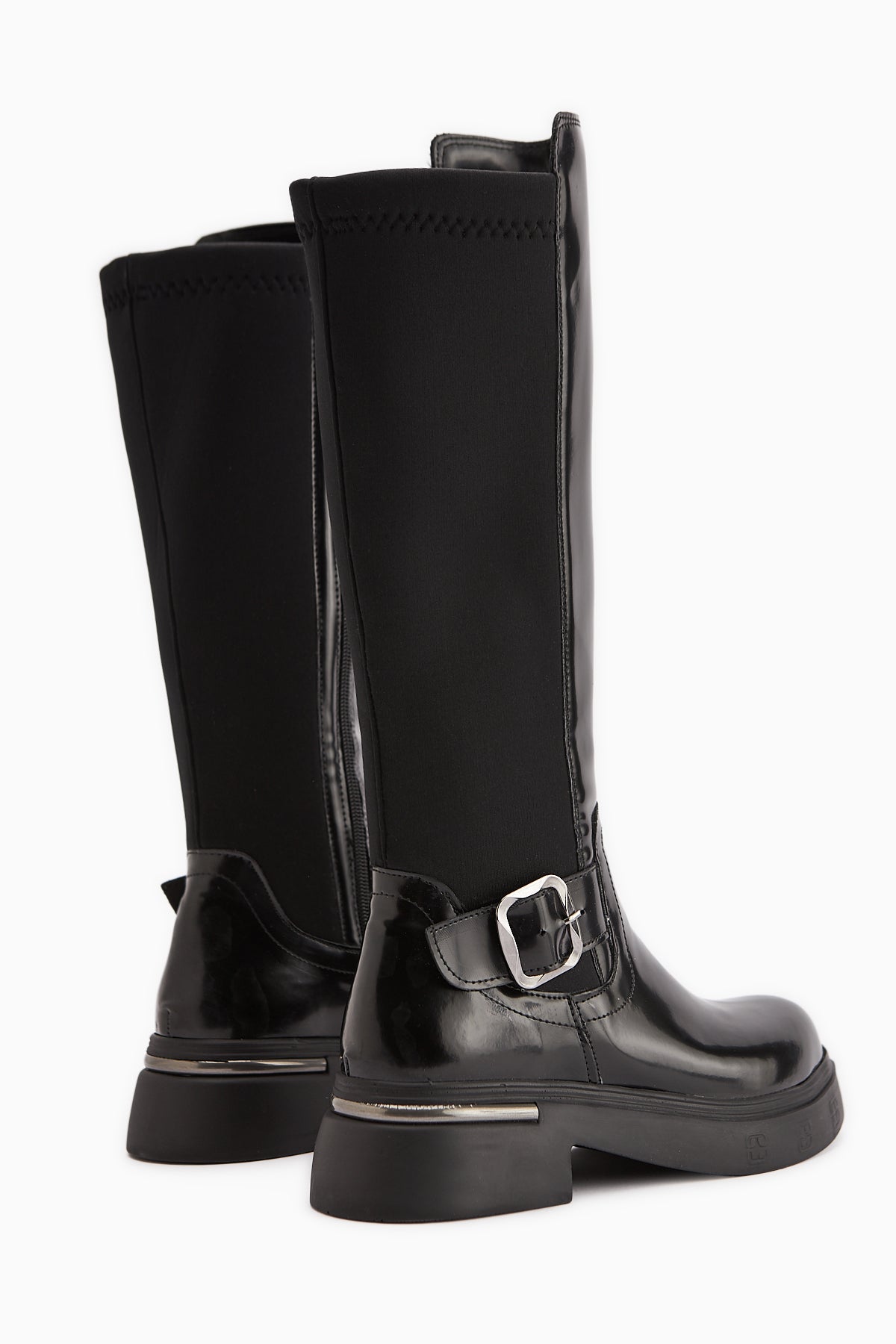 Faria Black Patent Leather Diver Fabric Detailed Buckled Thick Sole Boots