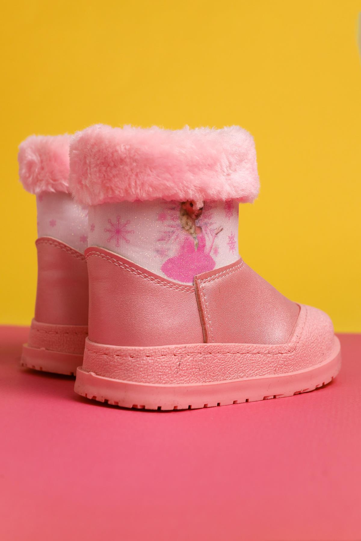 Elea Powder Pink Striped Character Print Fur-Lined Baby Boots