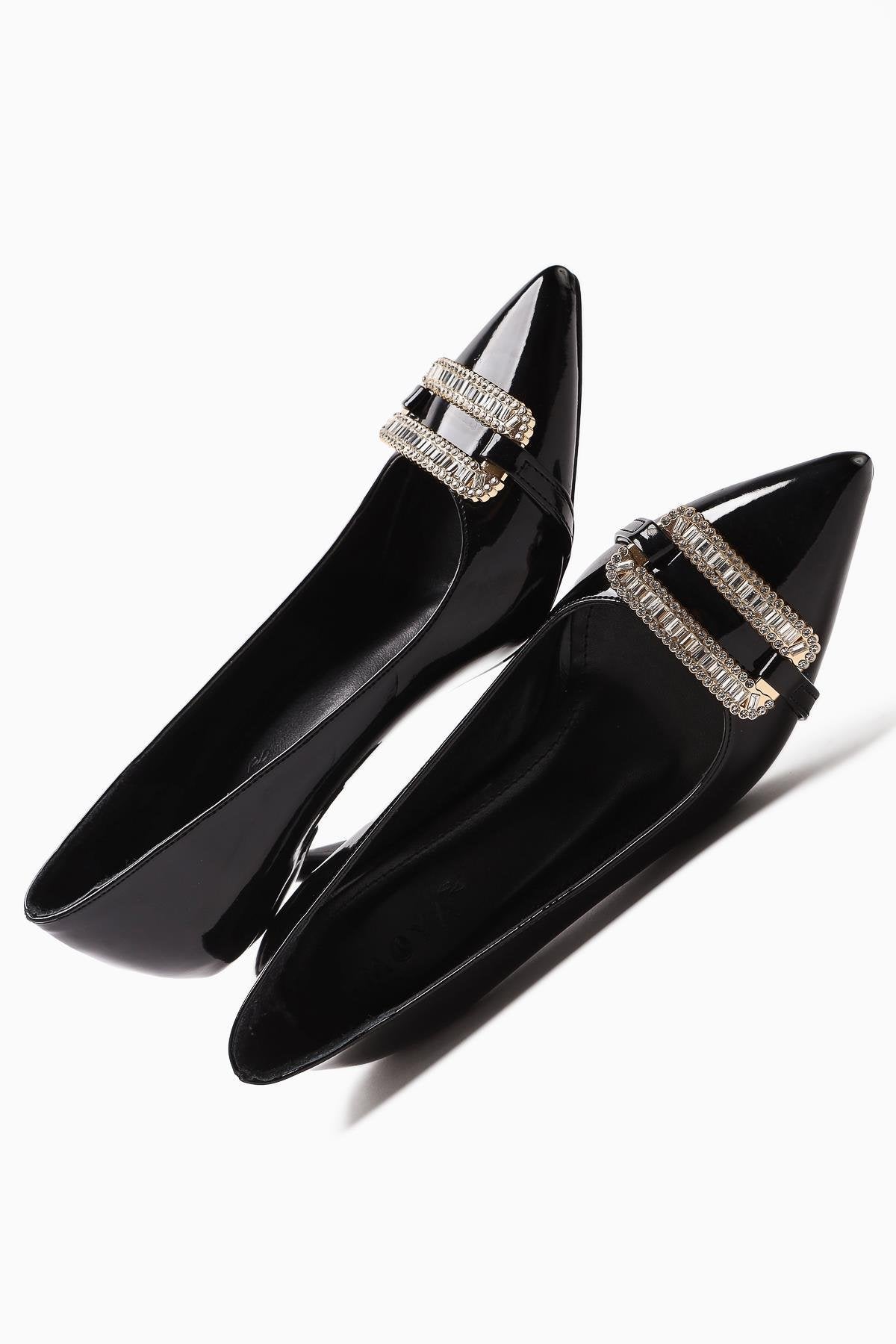 Ania Black Patent Pointed Toe Women's Heels with Rhinestone Buckle Detail
