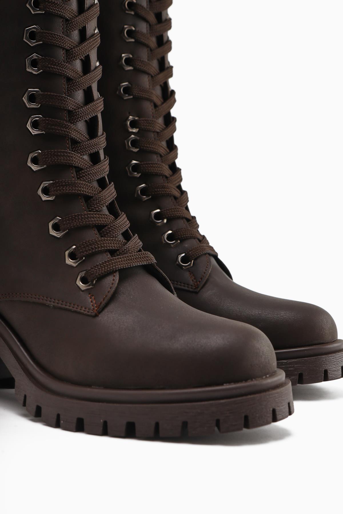 Bella Brown Lace-Up and Zippered Oval-Toed Heeled Women's Boot