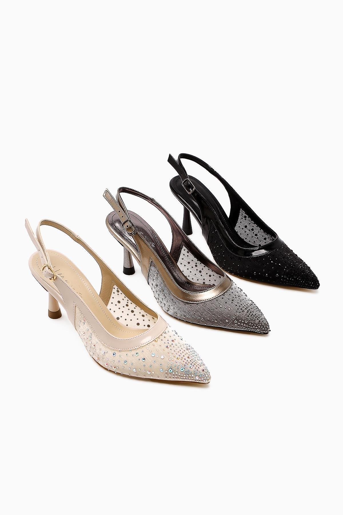 Kally – Platinum Transparent Textile Stone-Detail Heeled Shoe (Women)