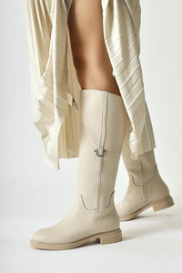 Caterine Beige Short Heeled Boot with Buckle Detail