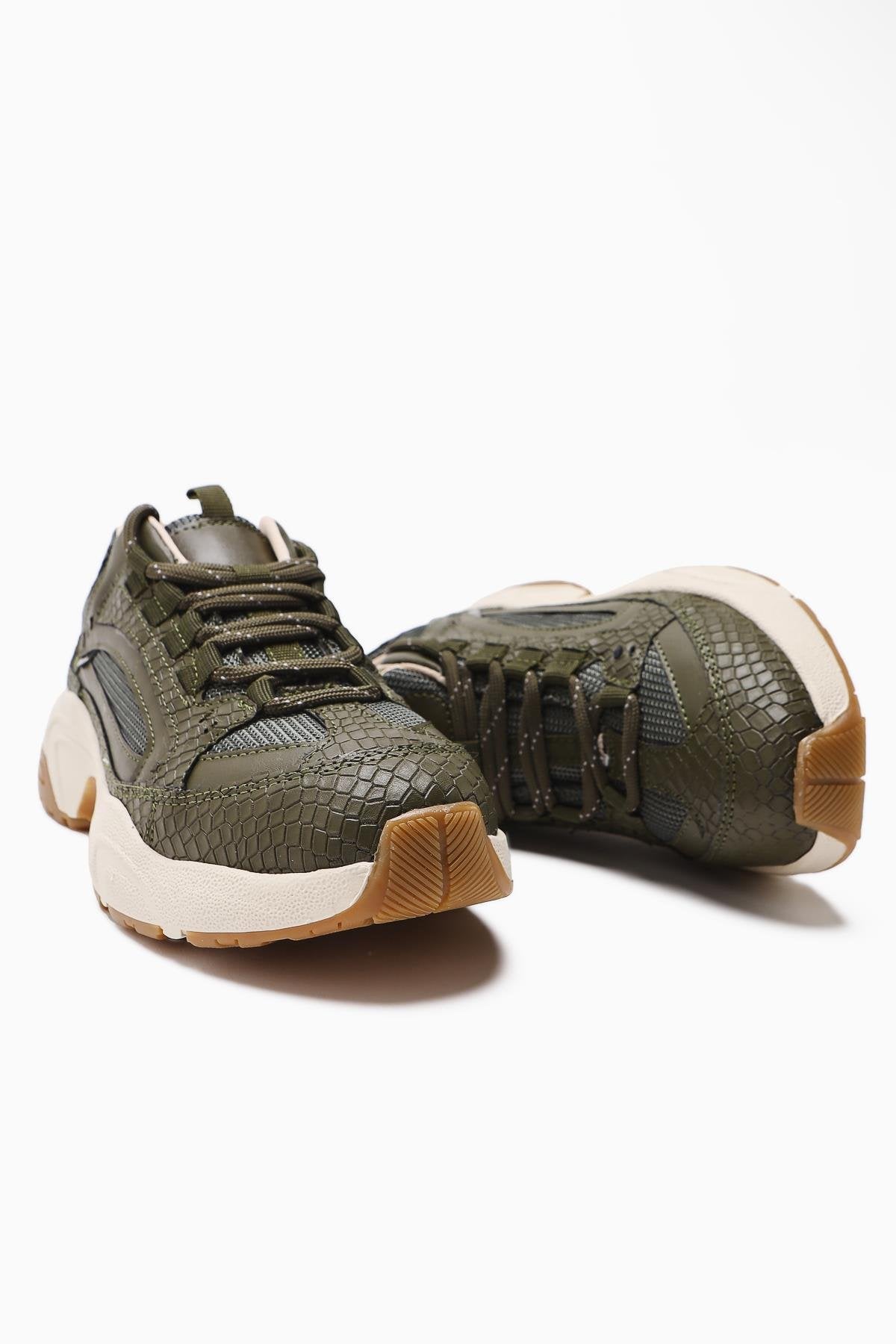 Caisa Olive Textile Detail Lace-Up Women's Sneakers
