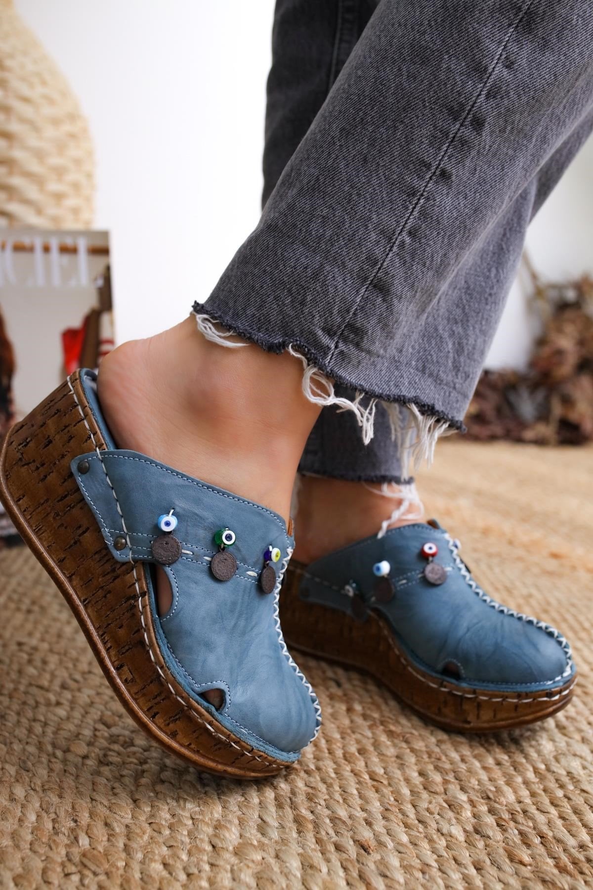 Annika Genuine Leather – Navy Antique-Detail Wedge Sabot Slide (Women)