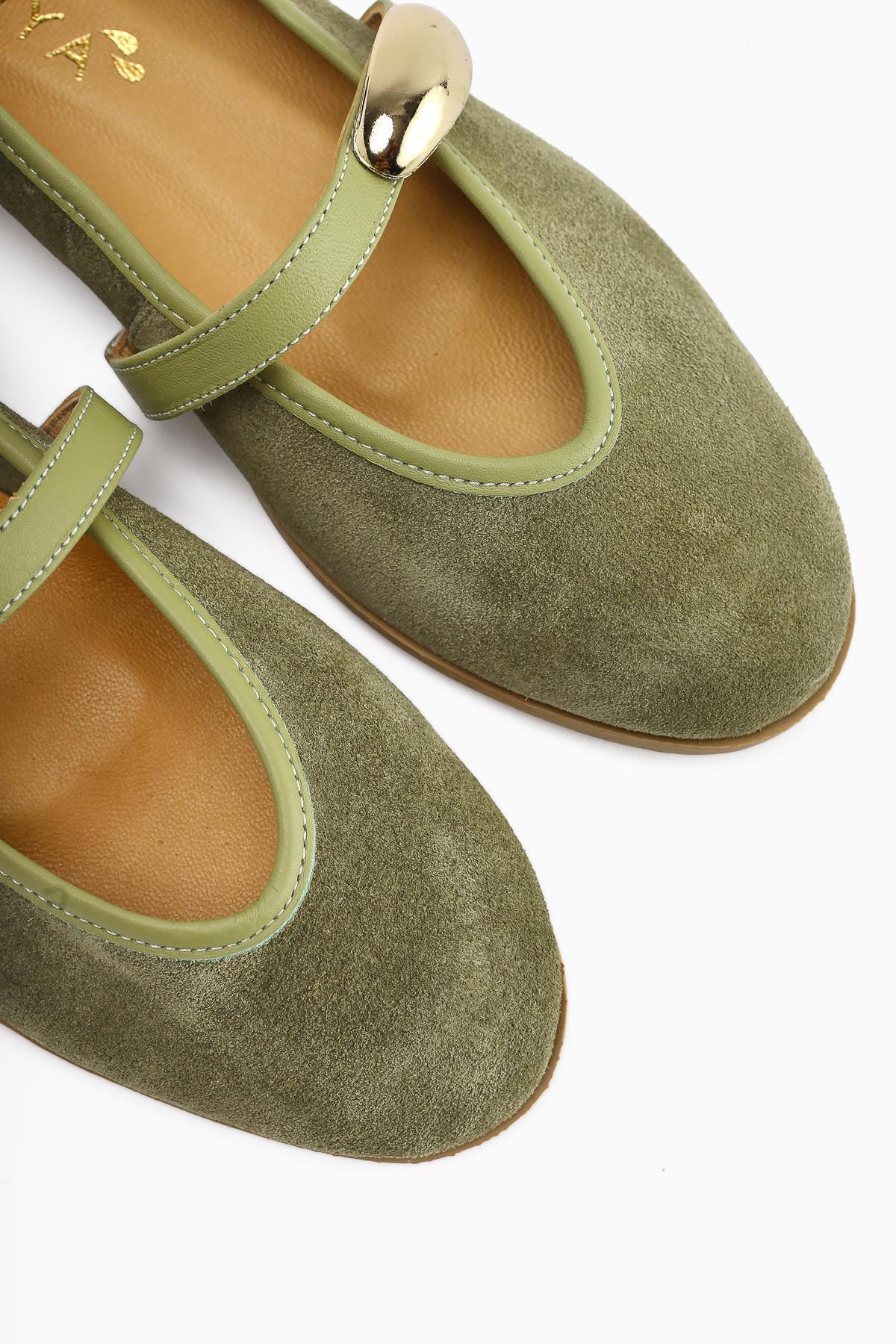 Aliana – Genuine Leather Olive Suede Buckle-Detail Ballet Flat (Women)
