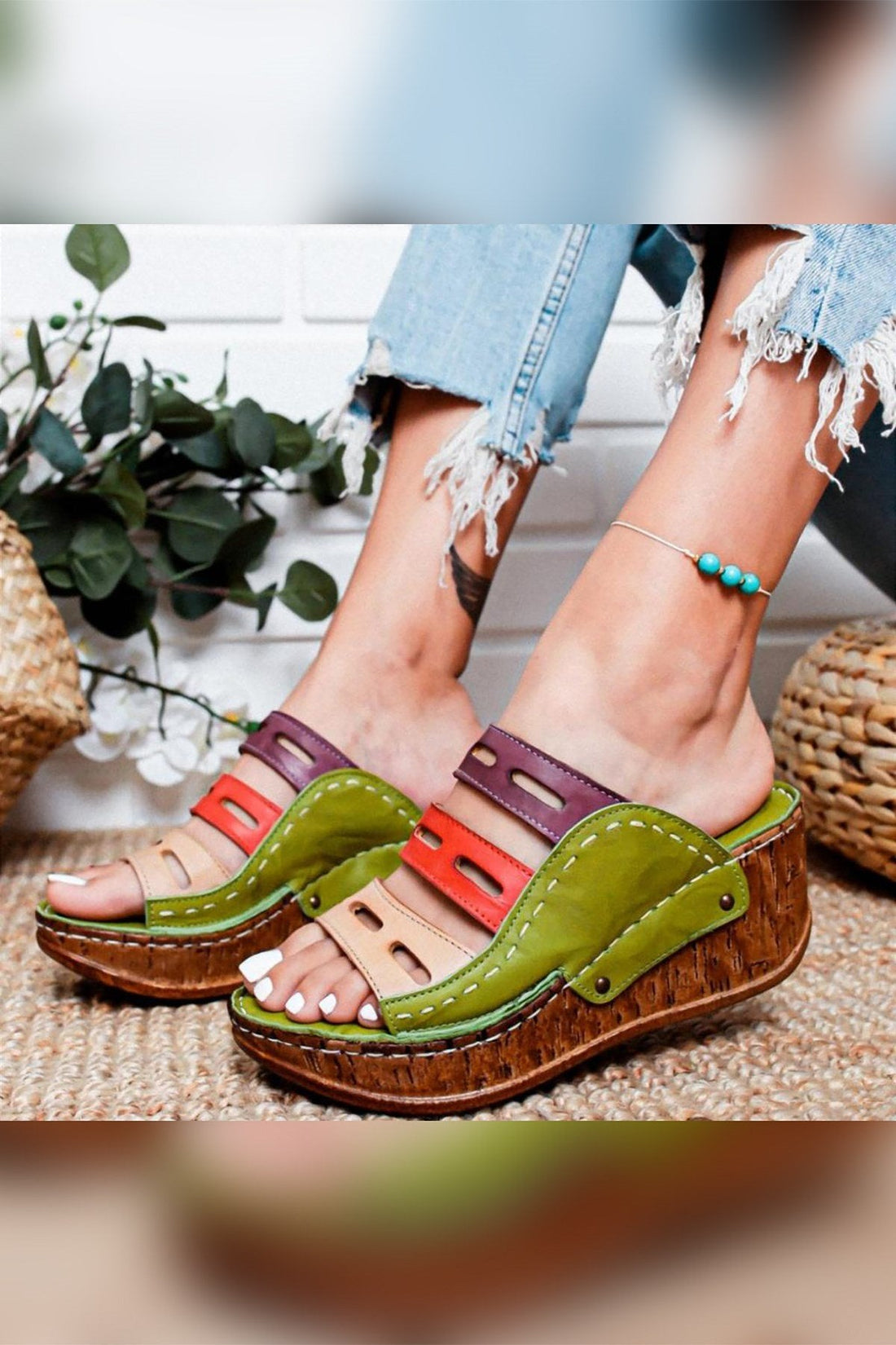 Etta – Genuine Leather Green Purple Red Nude Laser-Cut Slide (Women)