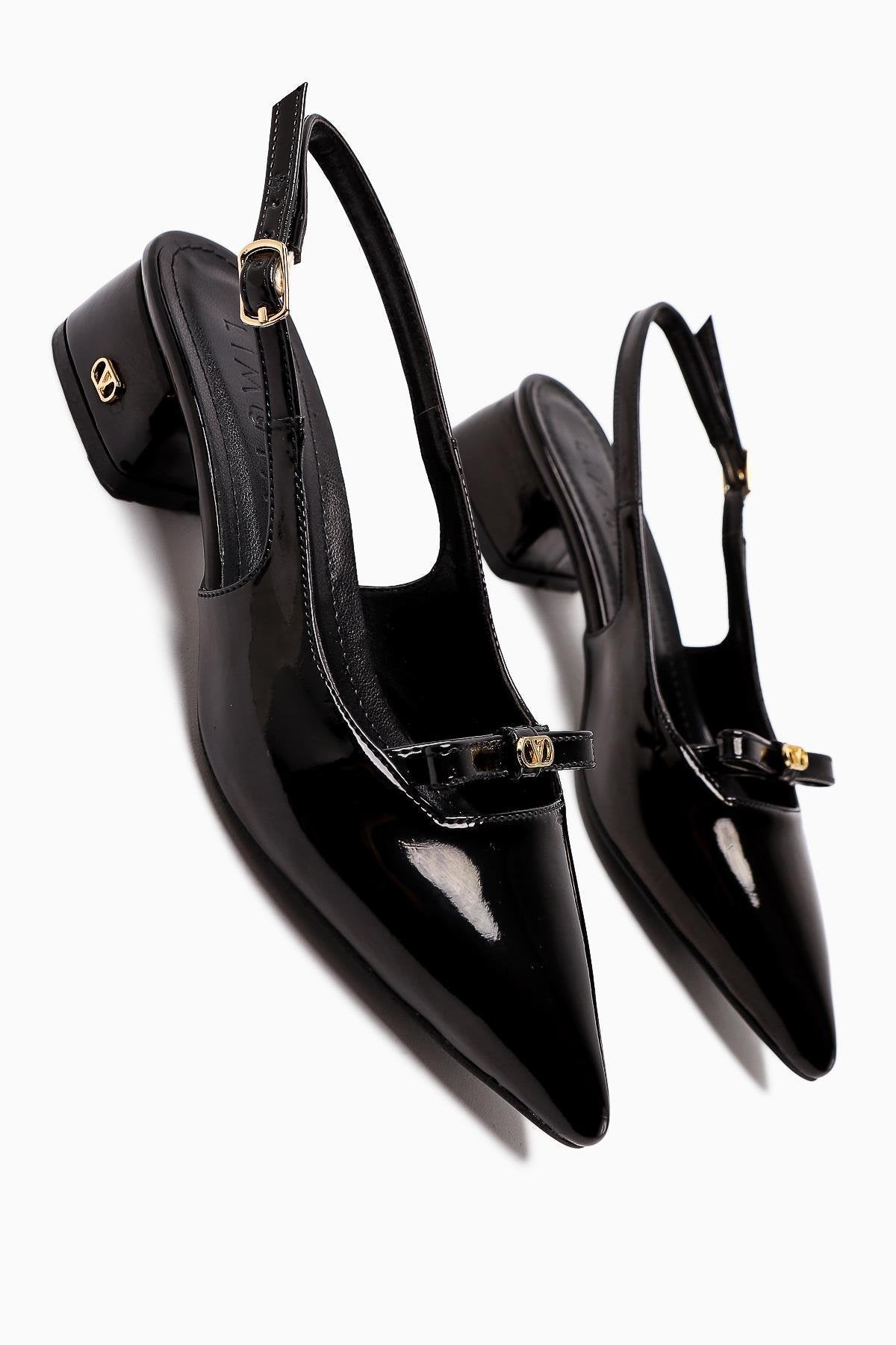 Sevy Black Patent Buckle Detailed Women’s Short Heeled Shoes