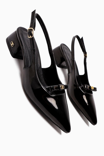 Sevy Black Patent Buckle Detailed Women’s Short Heeled Shoes