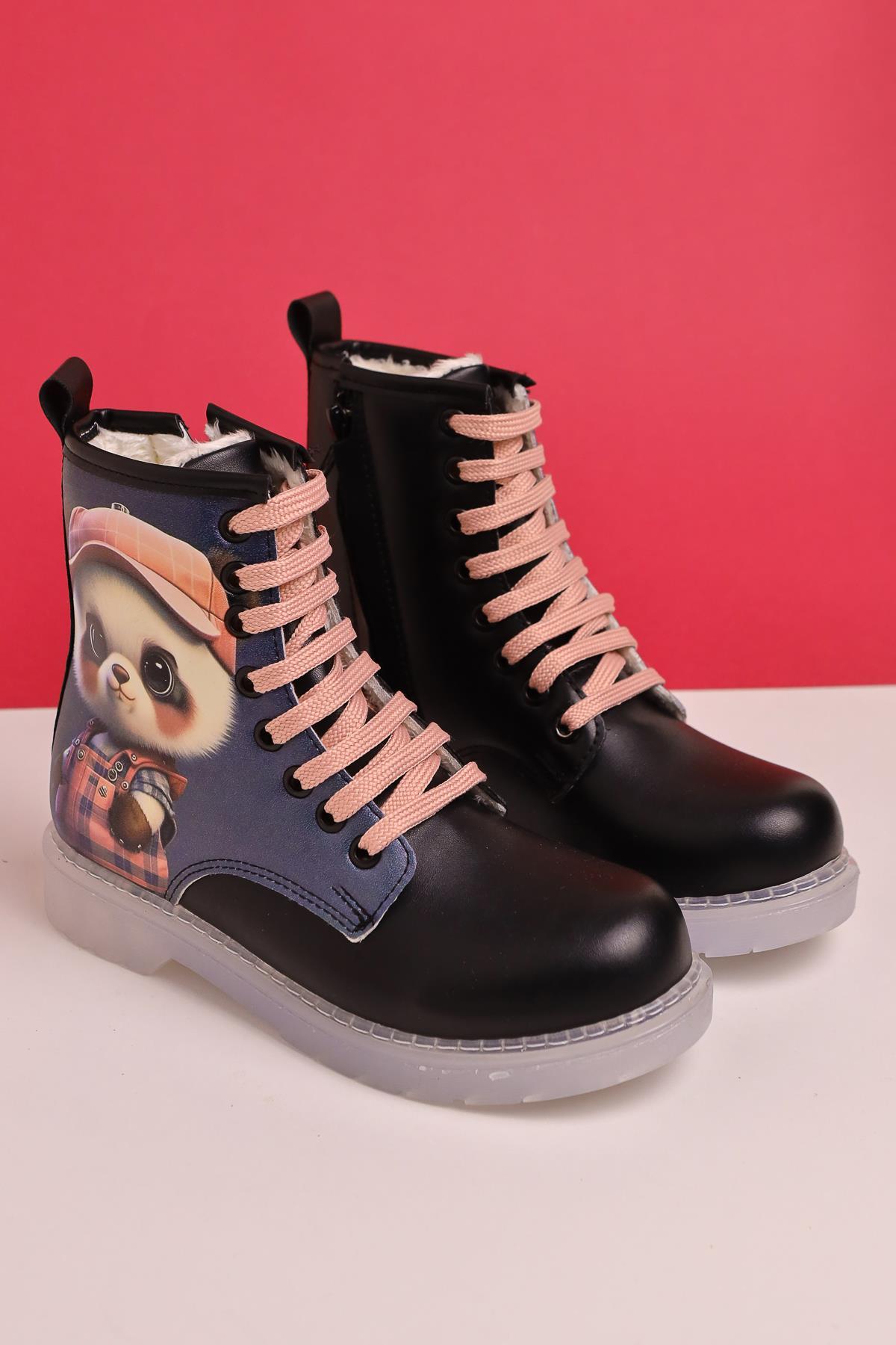 Dordie Black Striped Character Print Lace-Up Kids' Boots