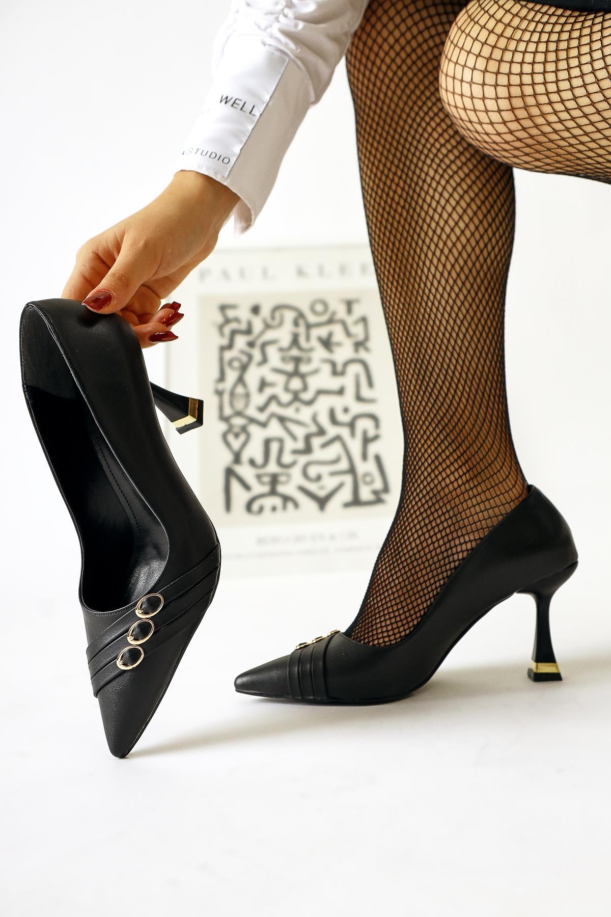 Lavina – Black Banded Gold Heel-Detail Pointed-Toe Stiletto (Women)