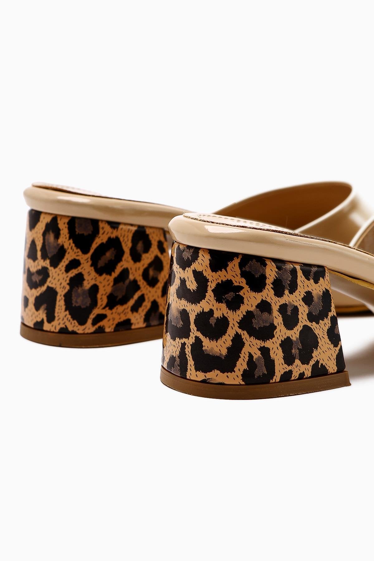 Morena Beige Patent Leather Low Heeled Slipper with Leopard Detail