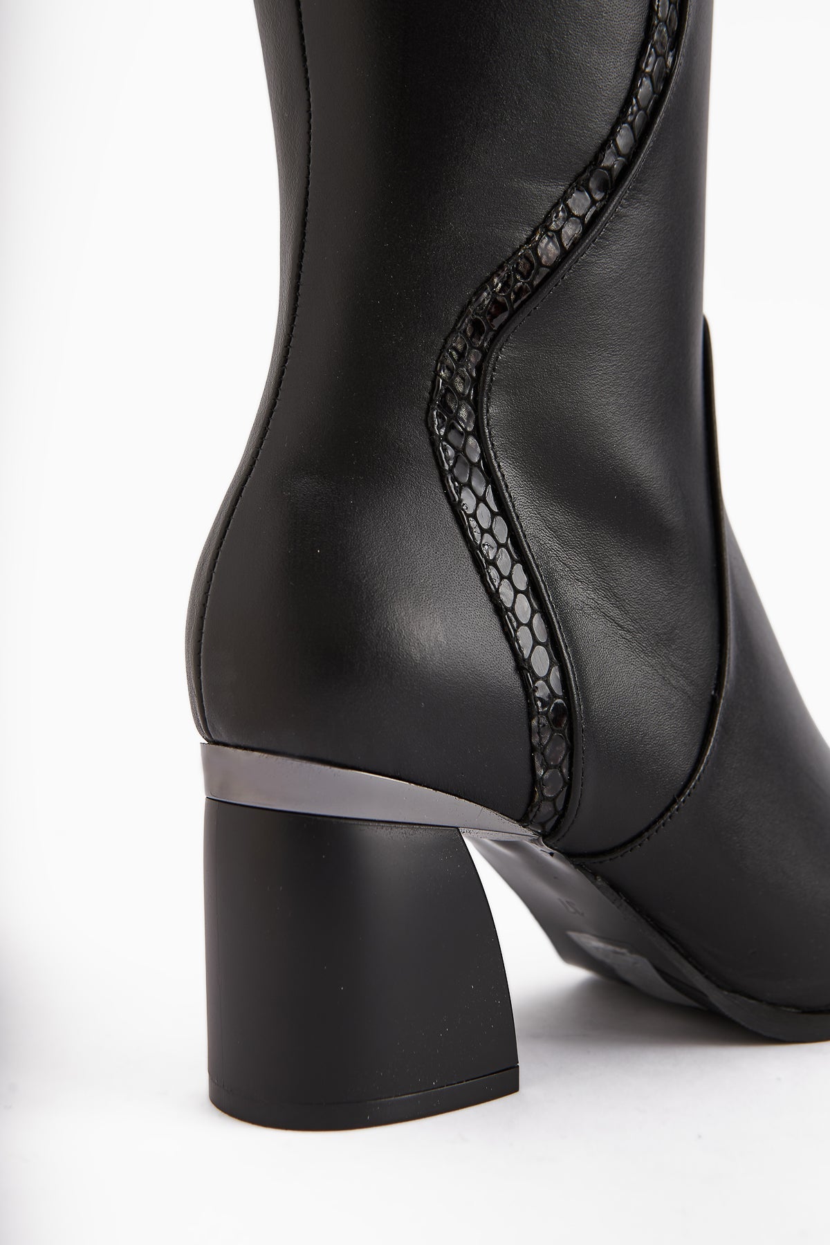 Kaylin – Genuine Leather Black Snake-Pattern Detail Heeled Knee-High Boot (Women)
