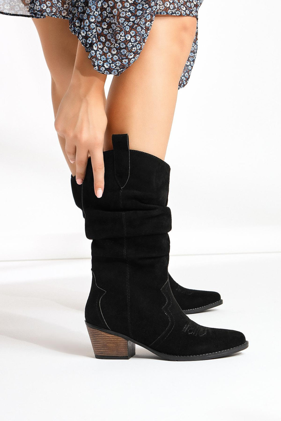 Lise-Britt – Black Suede Gusseted Embroidered Western Boot (Women)