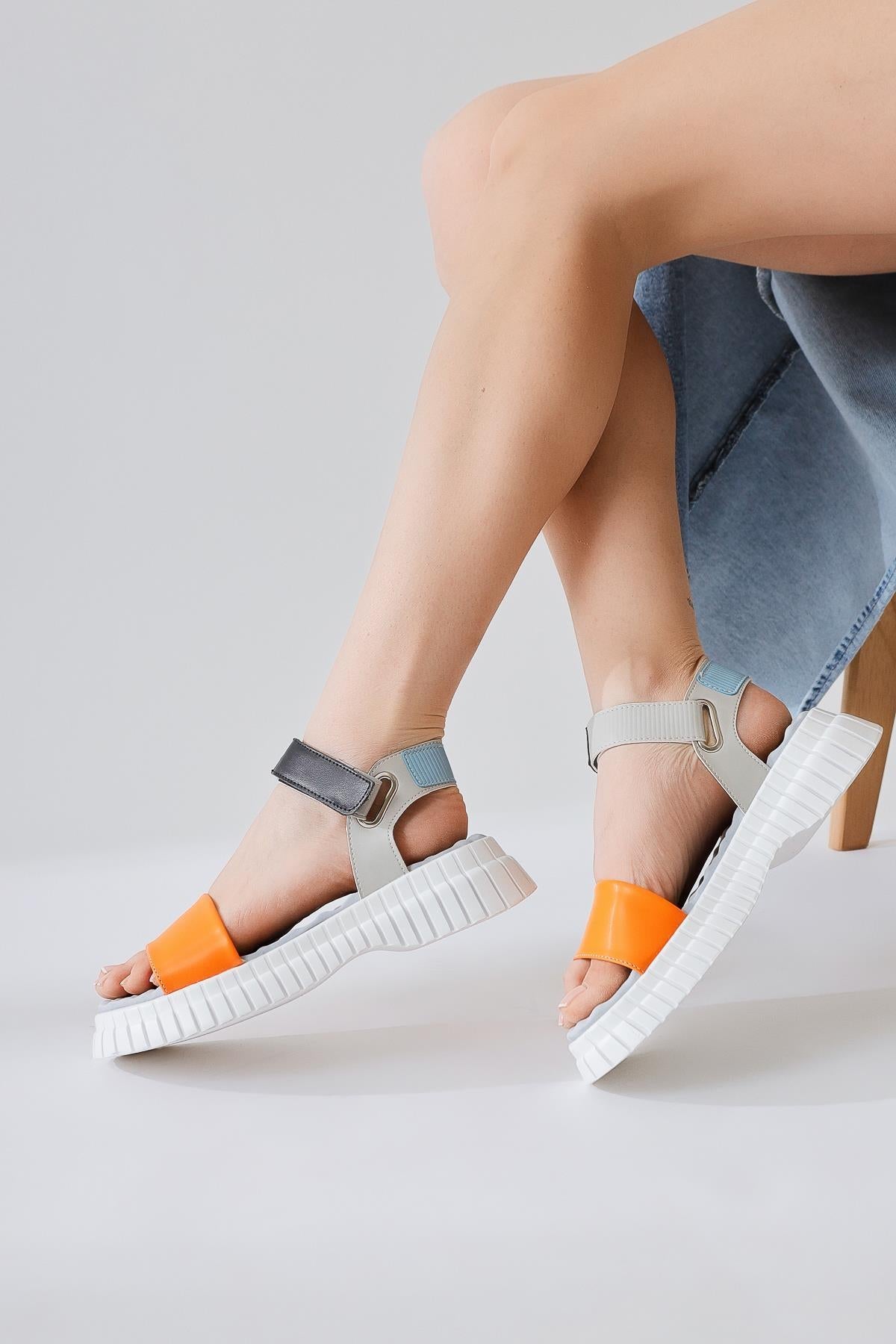 Jeny Orange Thick Strap Velcro Comfort Sole Sandal