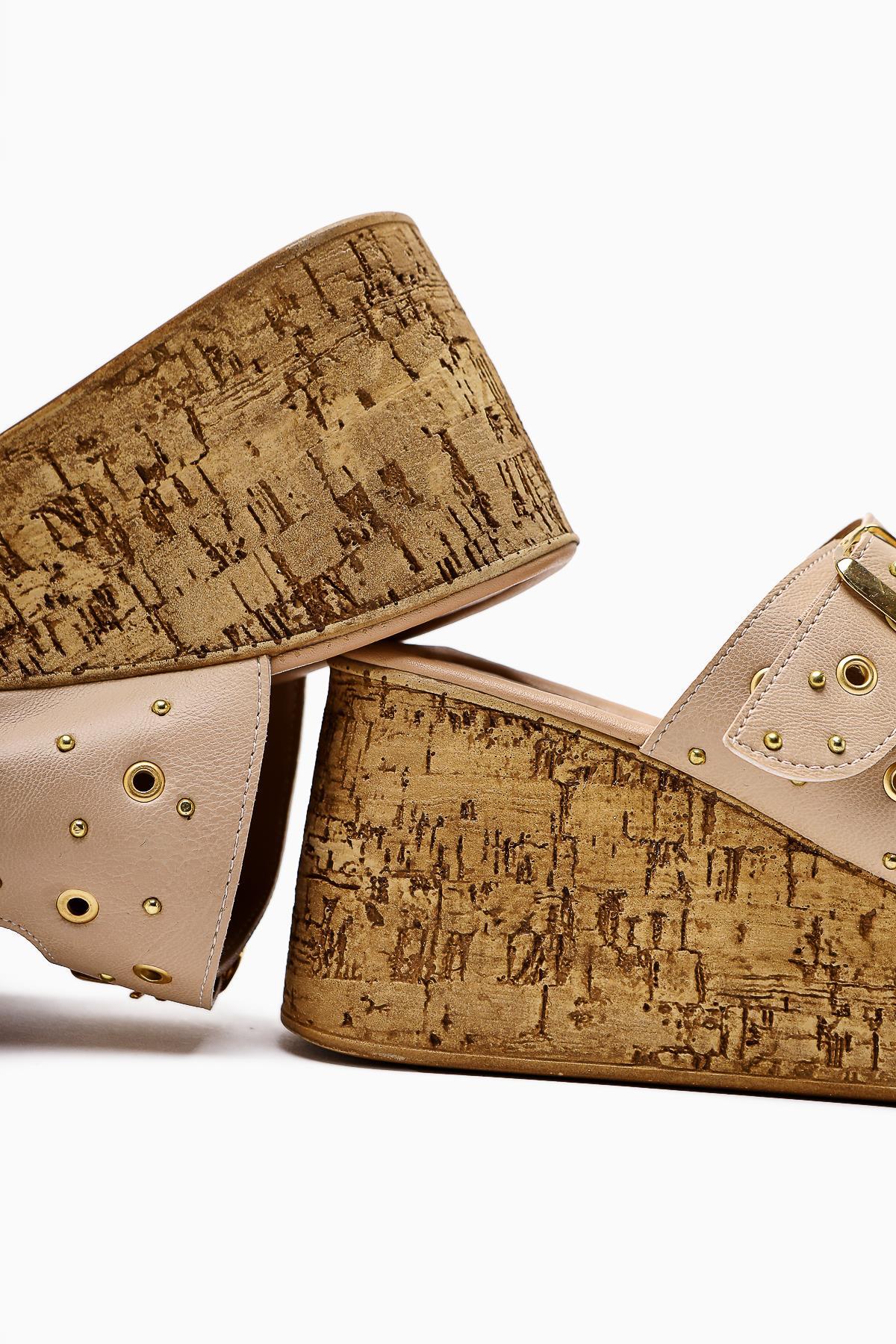 Genja Nude Strap Detailed Wedge Heeled Slippers