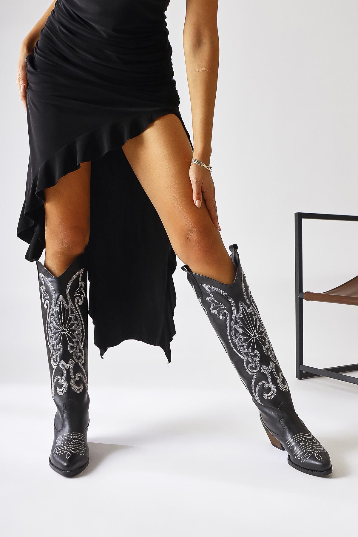 Dani – Black Embroidery-Detail Pointed-Toe Western Knee-High Boot (Women)