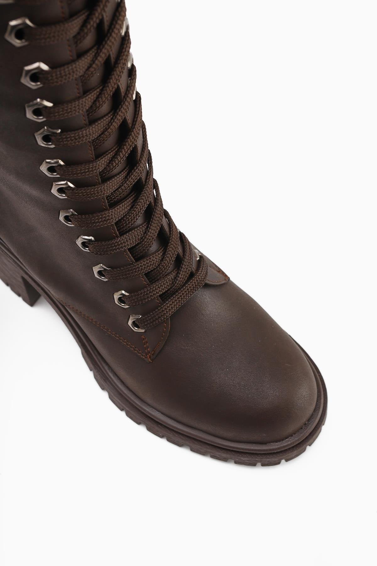 Bella Brown Lace-Up and Zippered Oval-Toed Heeled Women's Boot