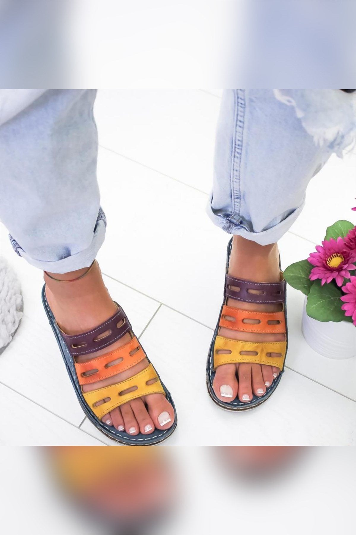 Joelle – Genuine Leather Denim Blue Purple Orange Mustard Laser-Cut Slide (Women)