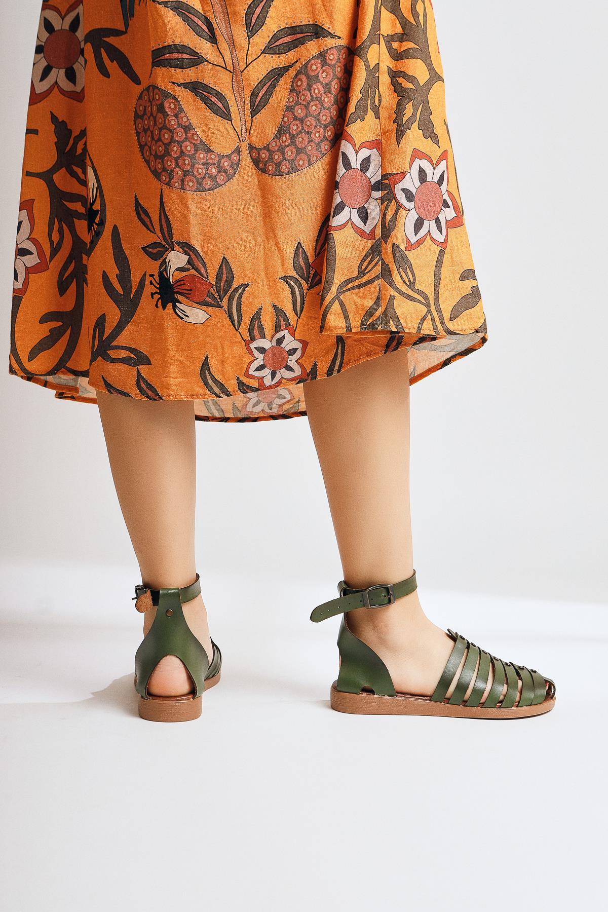 Helen Genuine Leather Khaki Toe-Covering Bodrum Sandals