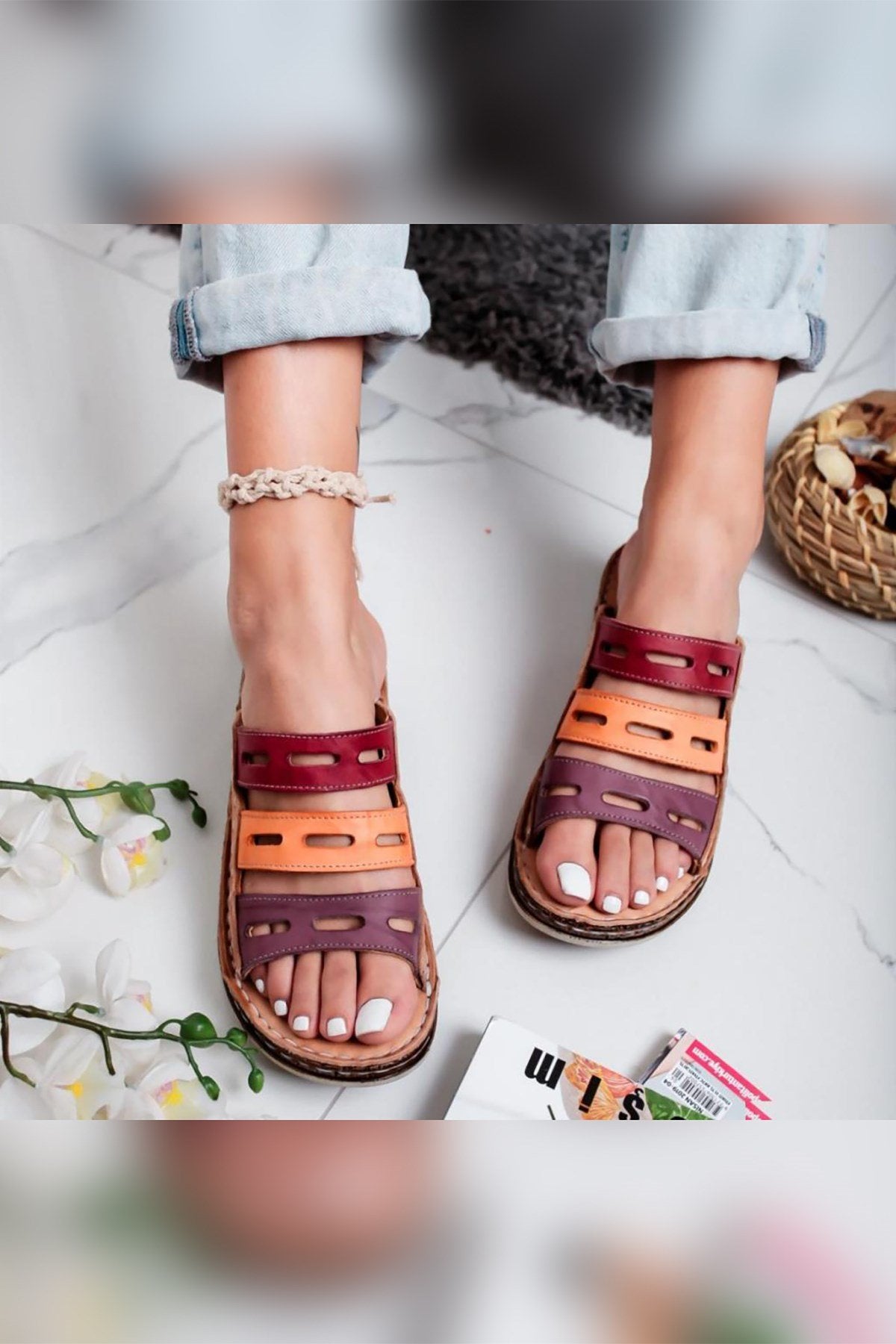 Joelle – Genuine Leather Nude Burgundy Purple Orange Laser-Cut Slide (Women)