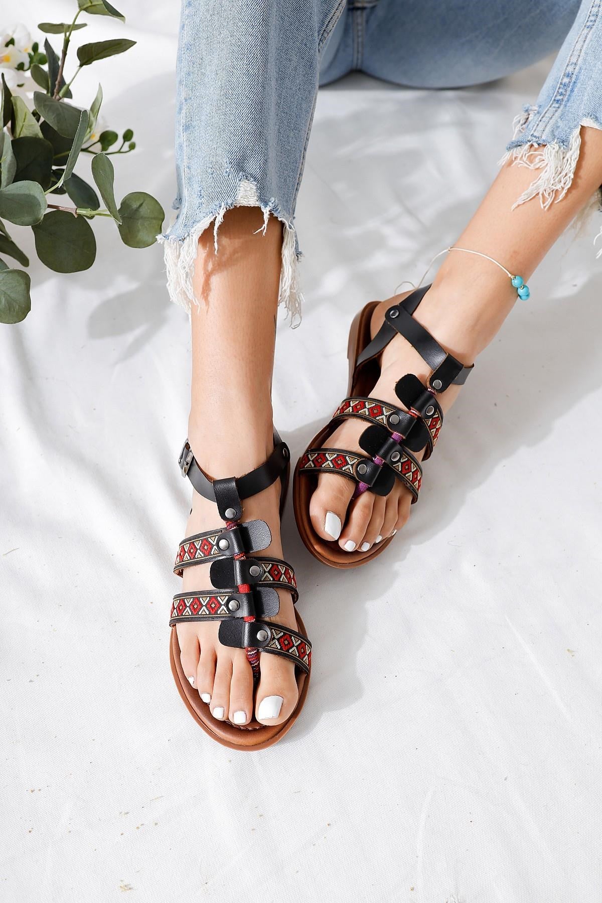 Gabrielle Black Toe-Post Adjustable Ethnic Patterned Flat Sandals in Genuine Leather