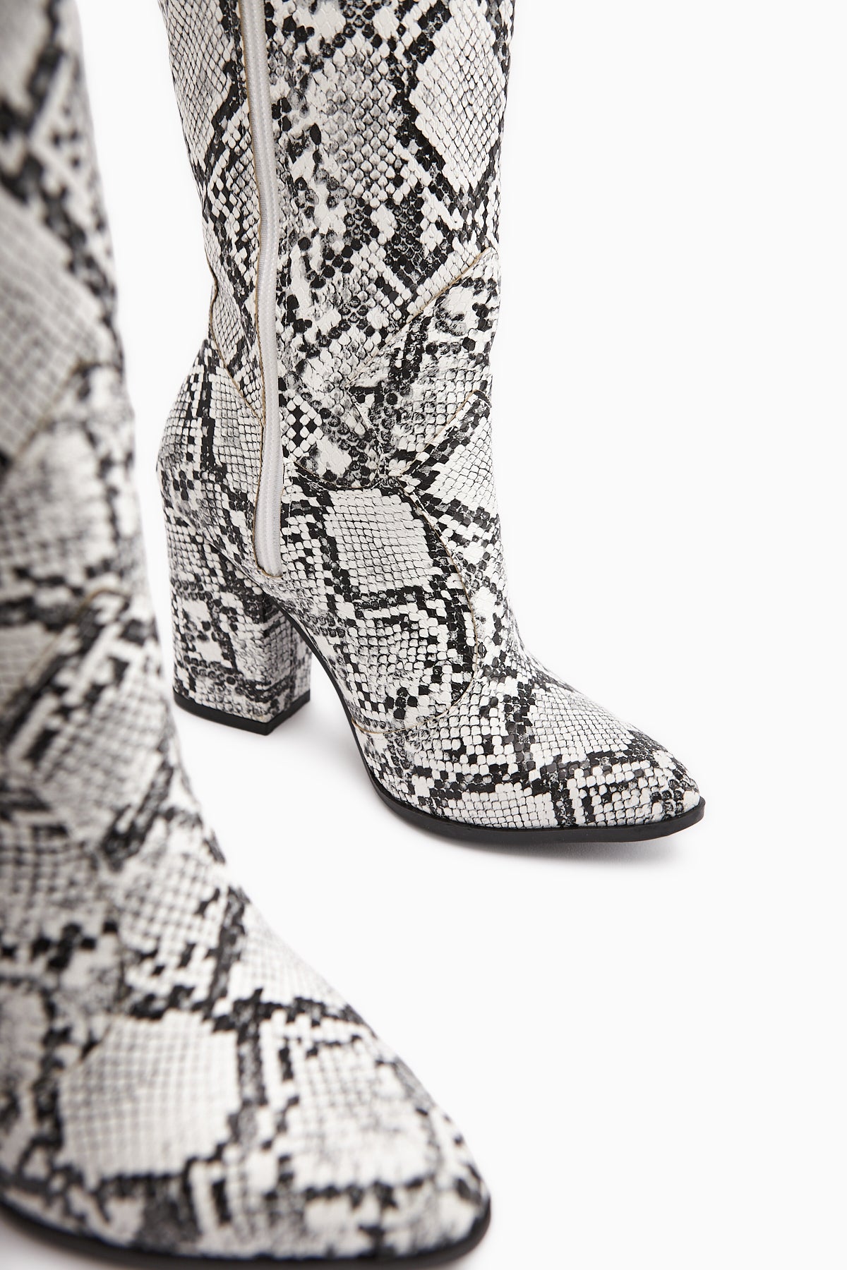 Keri White Snake Pattern Asymmetrical Cut Women’s Short Boots