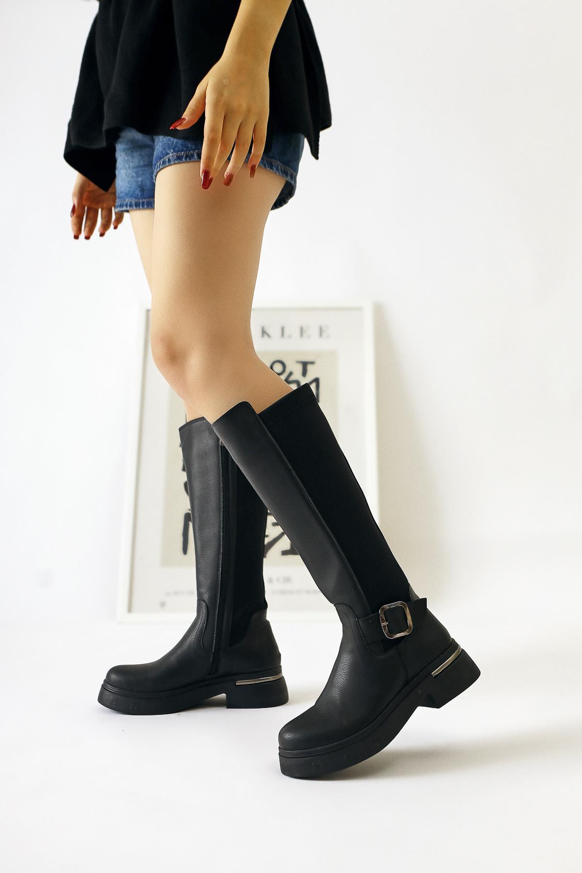 Faria Black Scuba Fabric Detail Buckled Chunky Sole Boot