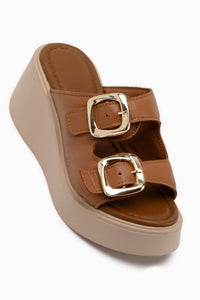 Luna Genuine Leather Tan Double Strap Platform Women’s Slipper