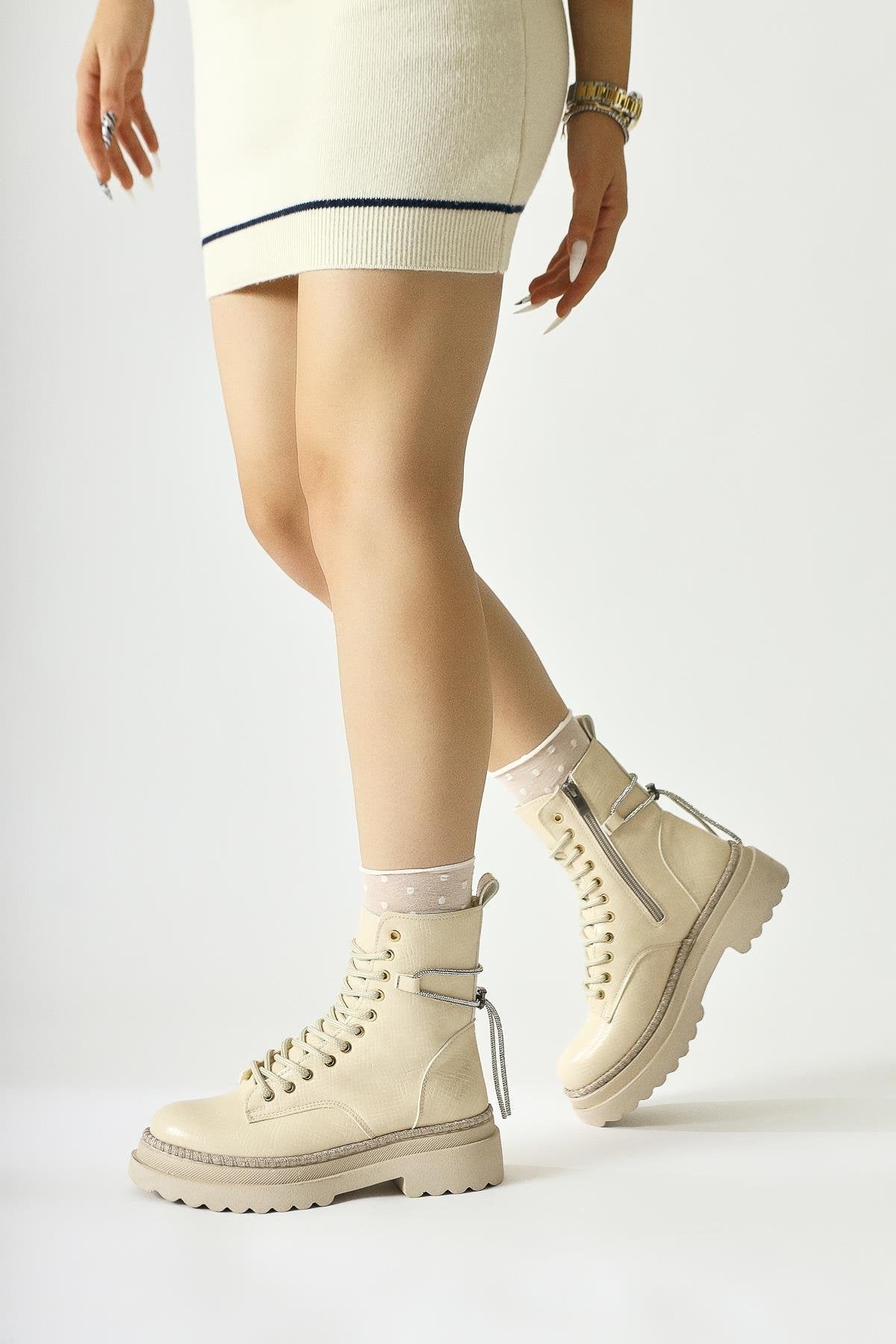 Andia Beige Shiny Stone Detailed Lace-Up Boot