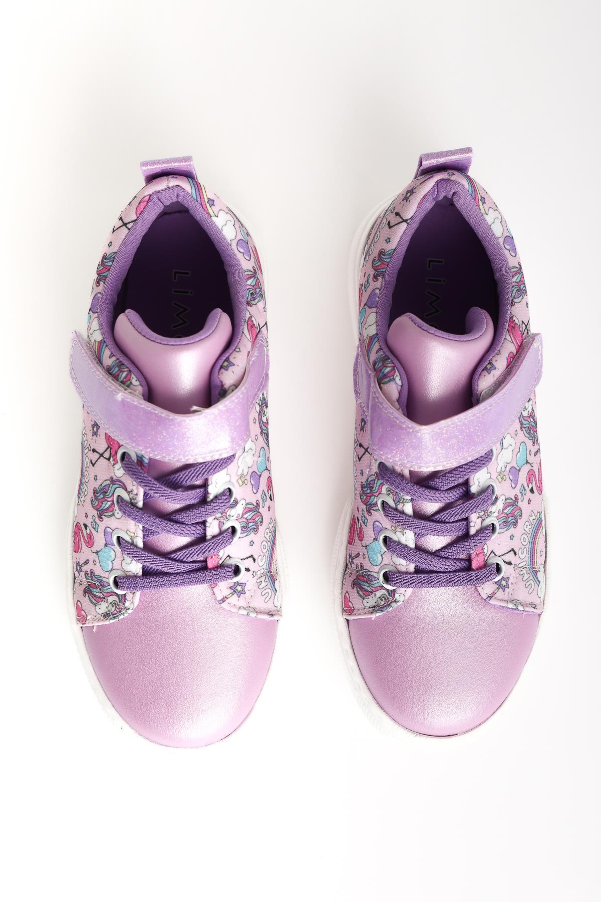 Hoodo Lilac Striped Character Print Lace-Up Sneaker with Velcro Detail for Kids