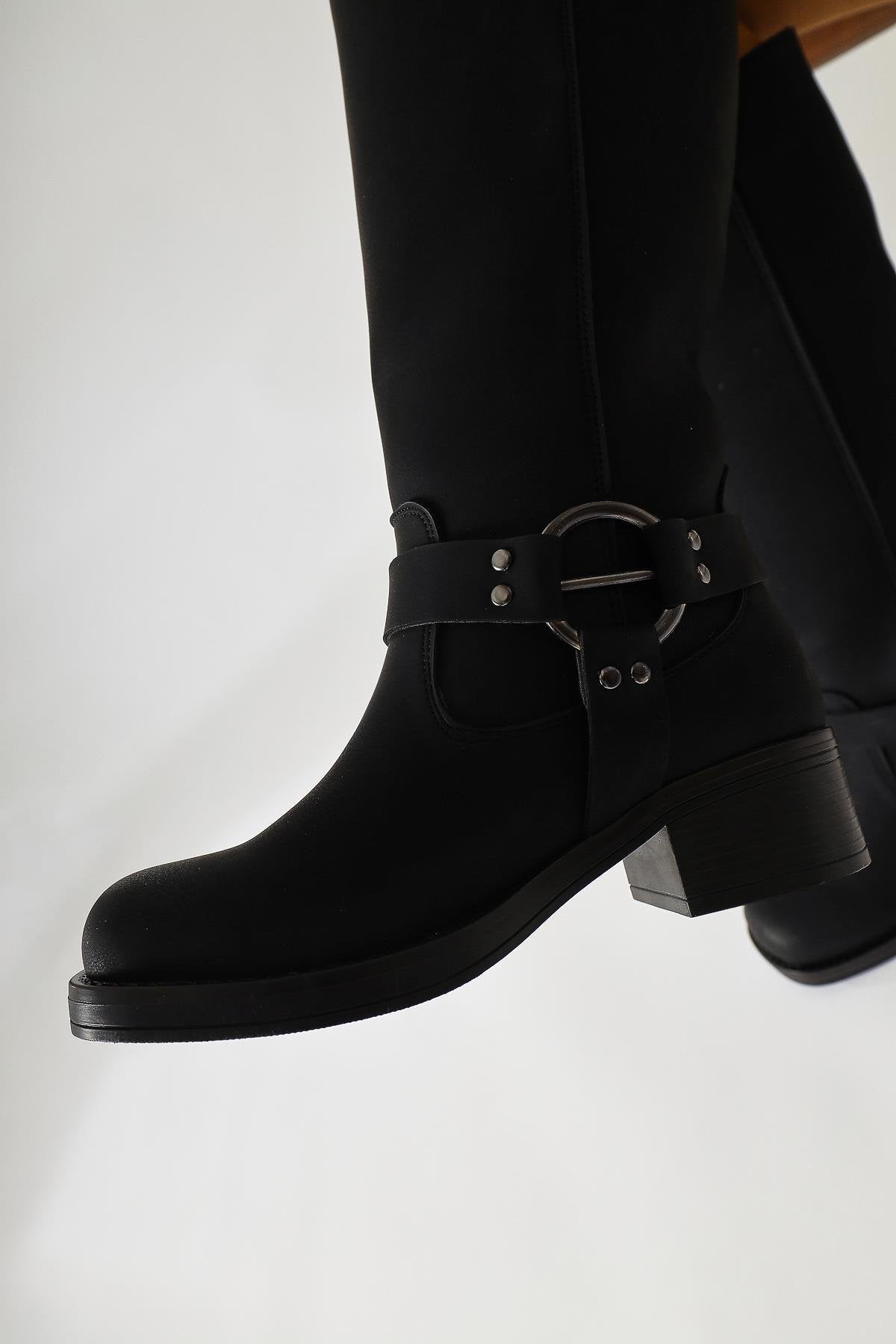 Soleil Black Pull-On Boot with Belt Detail