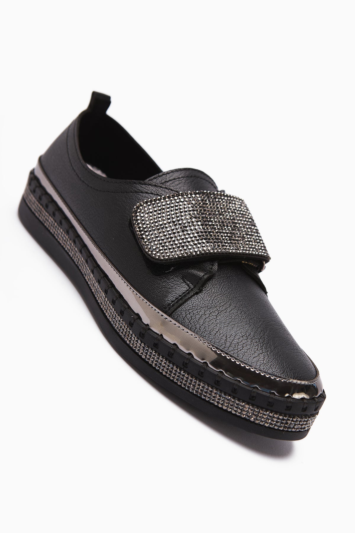 Valmira – Black Velcro Stone-Detail Casual Shoe (Women)