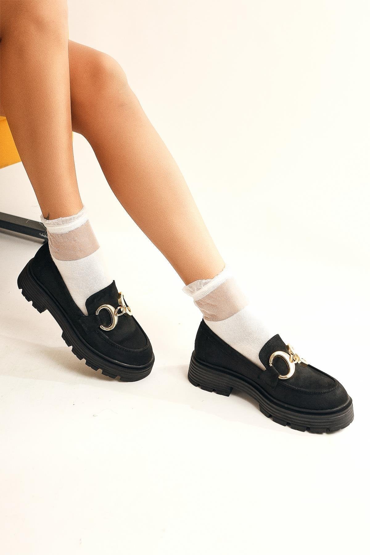 Renia – Black Suede Buckle-Detail Oxford Shoe (Women)