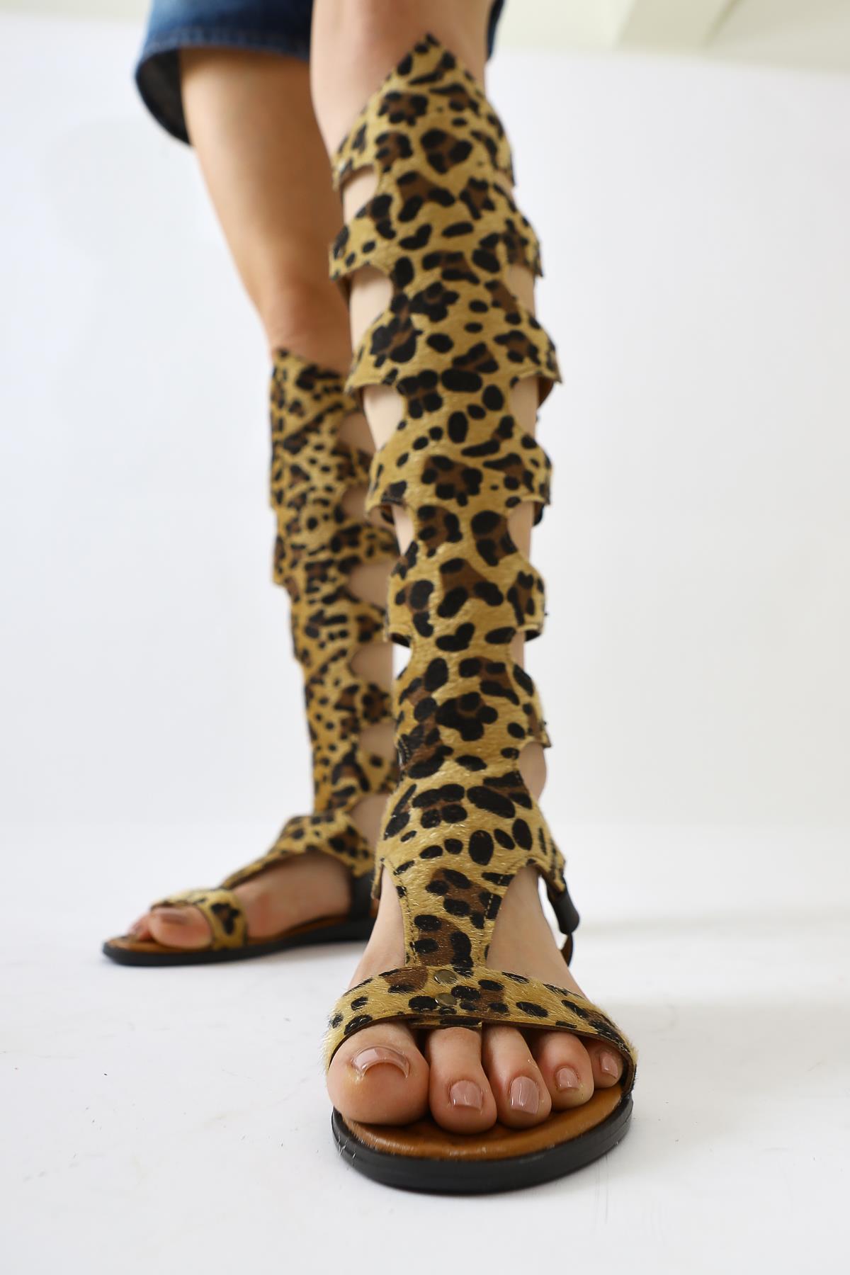 Hades Genuine Leather Black-Leopard Knee-High Gladiator Sandals