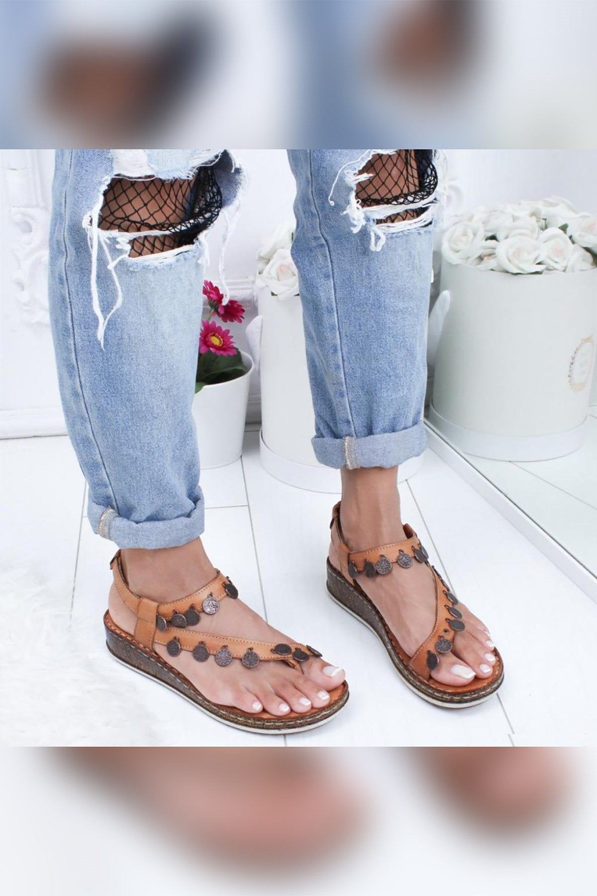 Lilah Genuine Leather Sandals in Taba with Antique Detail
