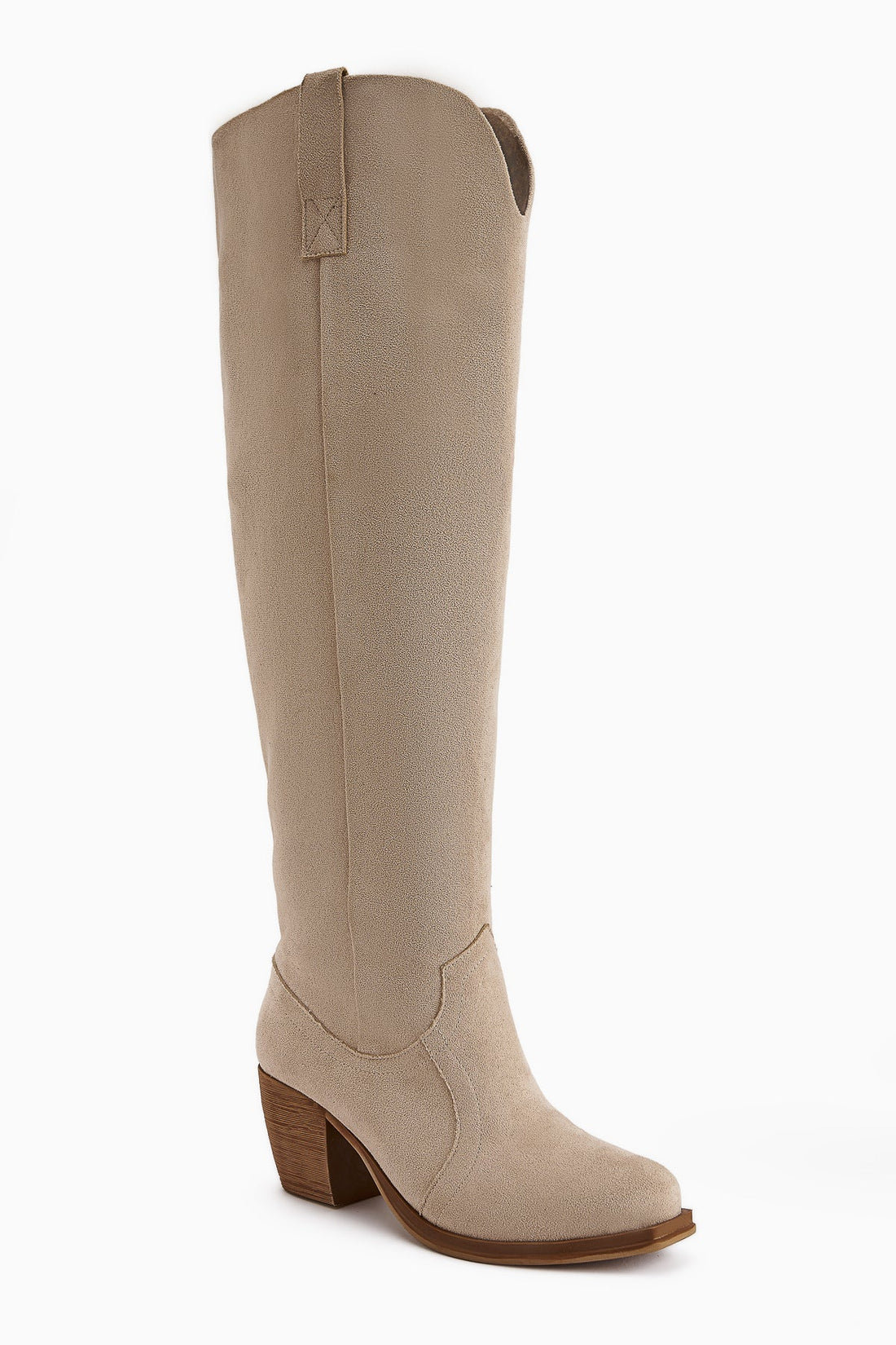 Leya – Beige Suede Heeled Zipperless Knee-High Boot (Women)