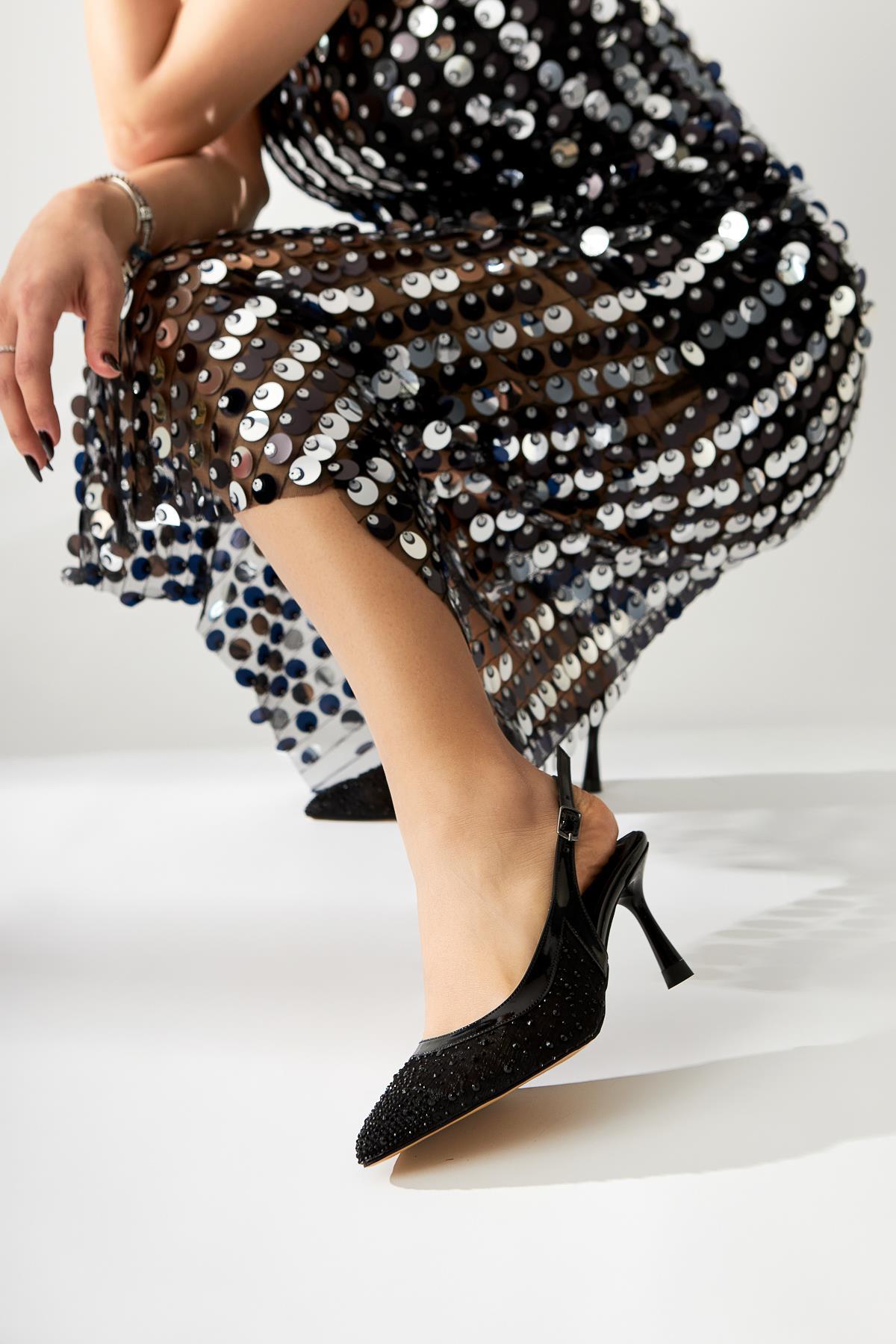 Kally – Black Transparent-Fabric Stone-Embellished Heeled Shoe (Women)