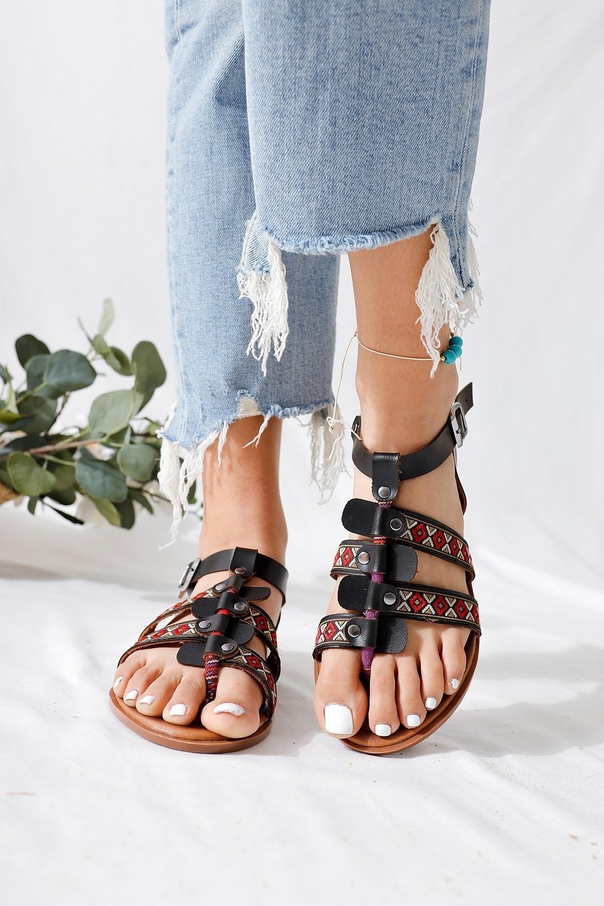 Gabrielle Black Toe-Post Adjustable Ethnic Patterned Flat Sandals in Genuine Leather