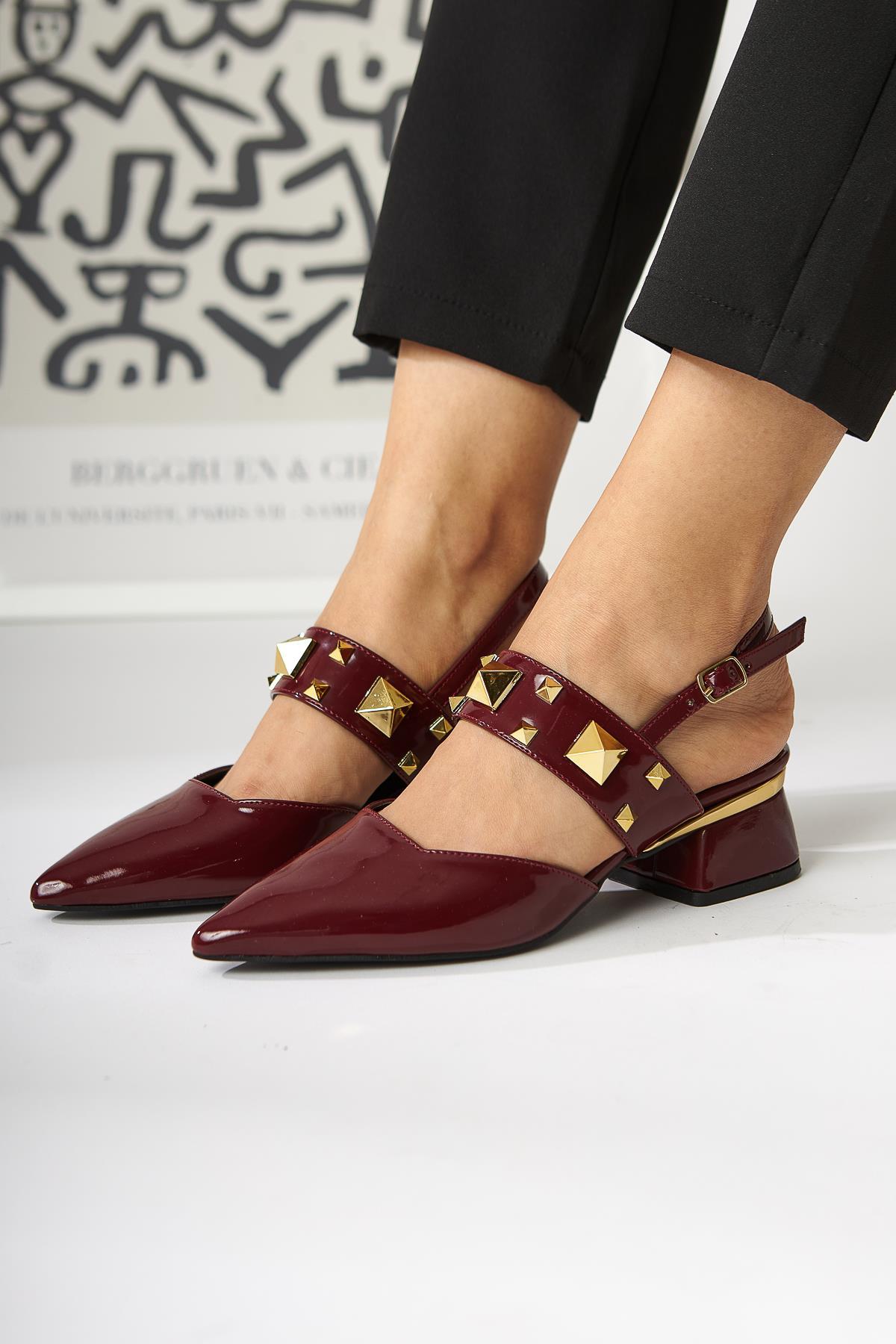 Nicoline Burgundy Patent Pointed Toe Pyramid Studded Women’s Heeled Shoes