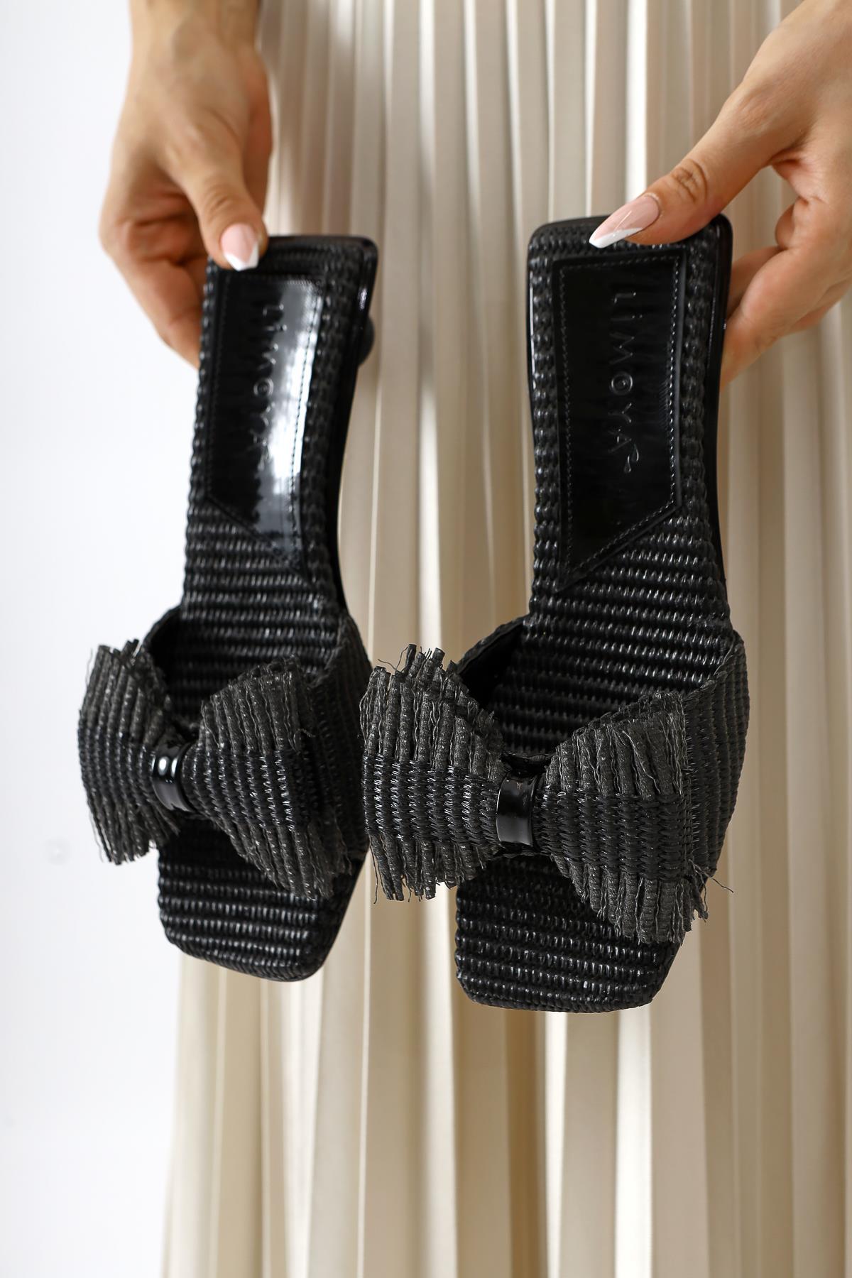 Tonka Black Straw Bow-Tied Low Heel Slippers