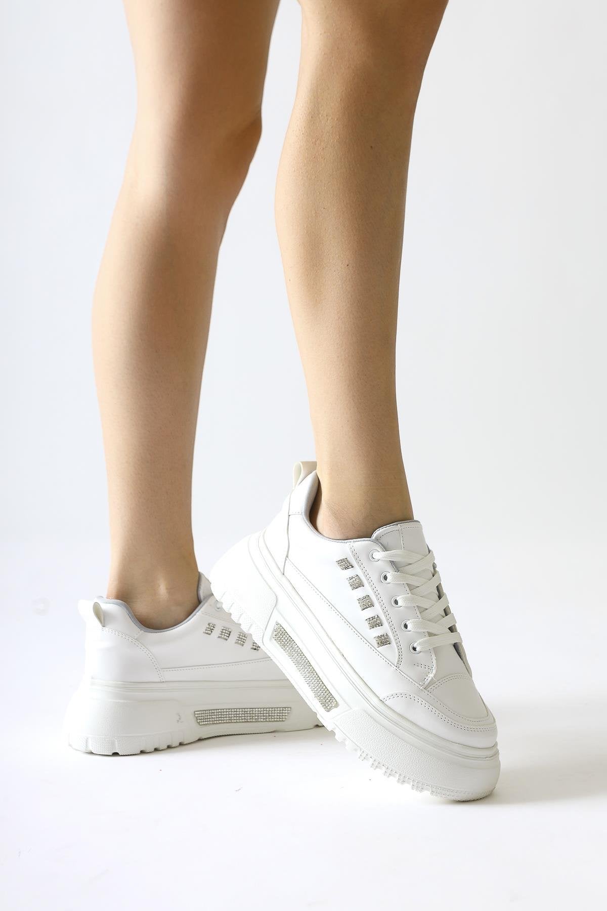 Tram White Thick Sole Stone Detailed Lace-up Sneakers