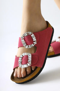 Brisa Fuchsia Suede Slippers with Stone Detail and Double Straps