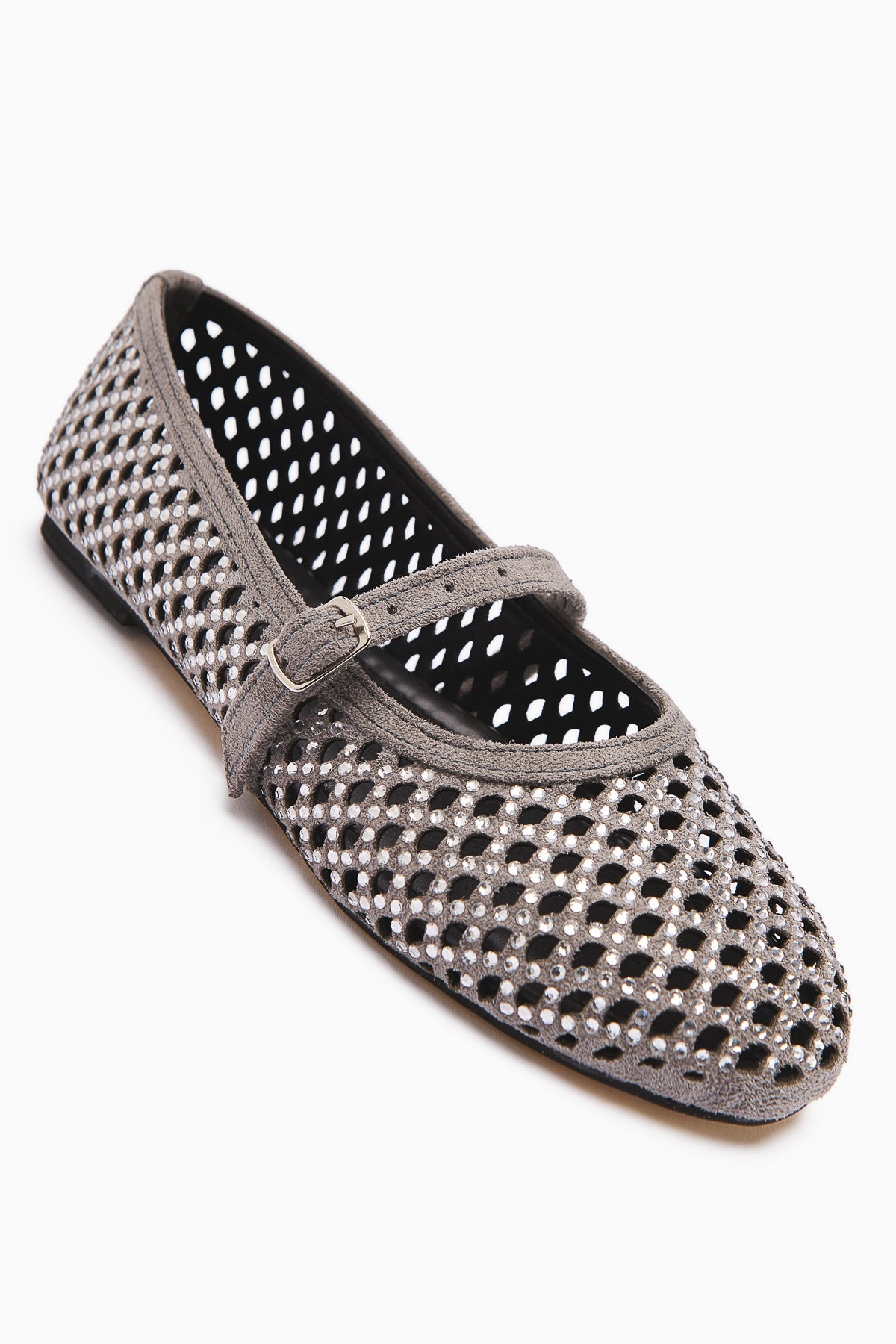 Nicole Gray Suede Oval Toe Perforated Stone Detailed Single Strap Casual Women's Shoes