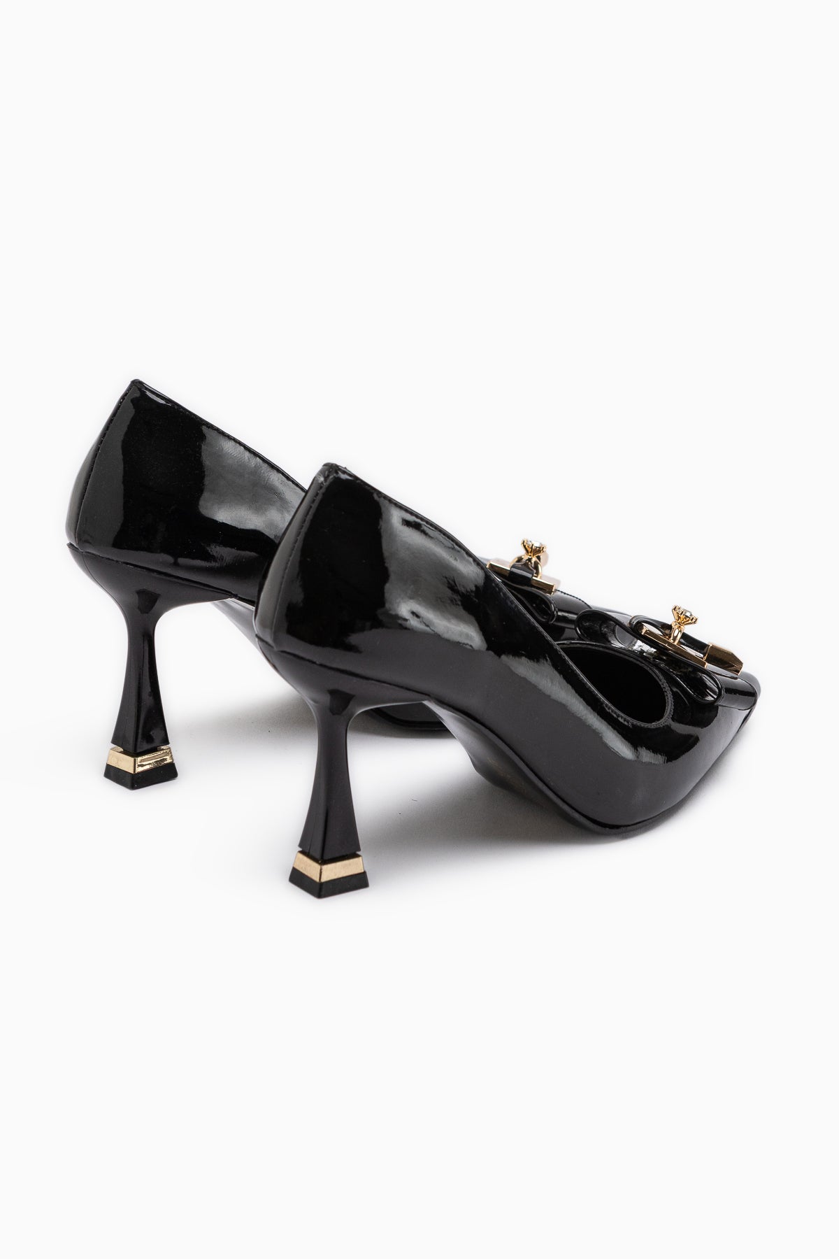 Mimosa Black Patent Pointed Toe Single Stone Buckle Detailed Women’s Heeled Shoes