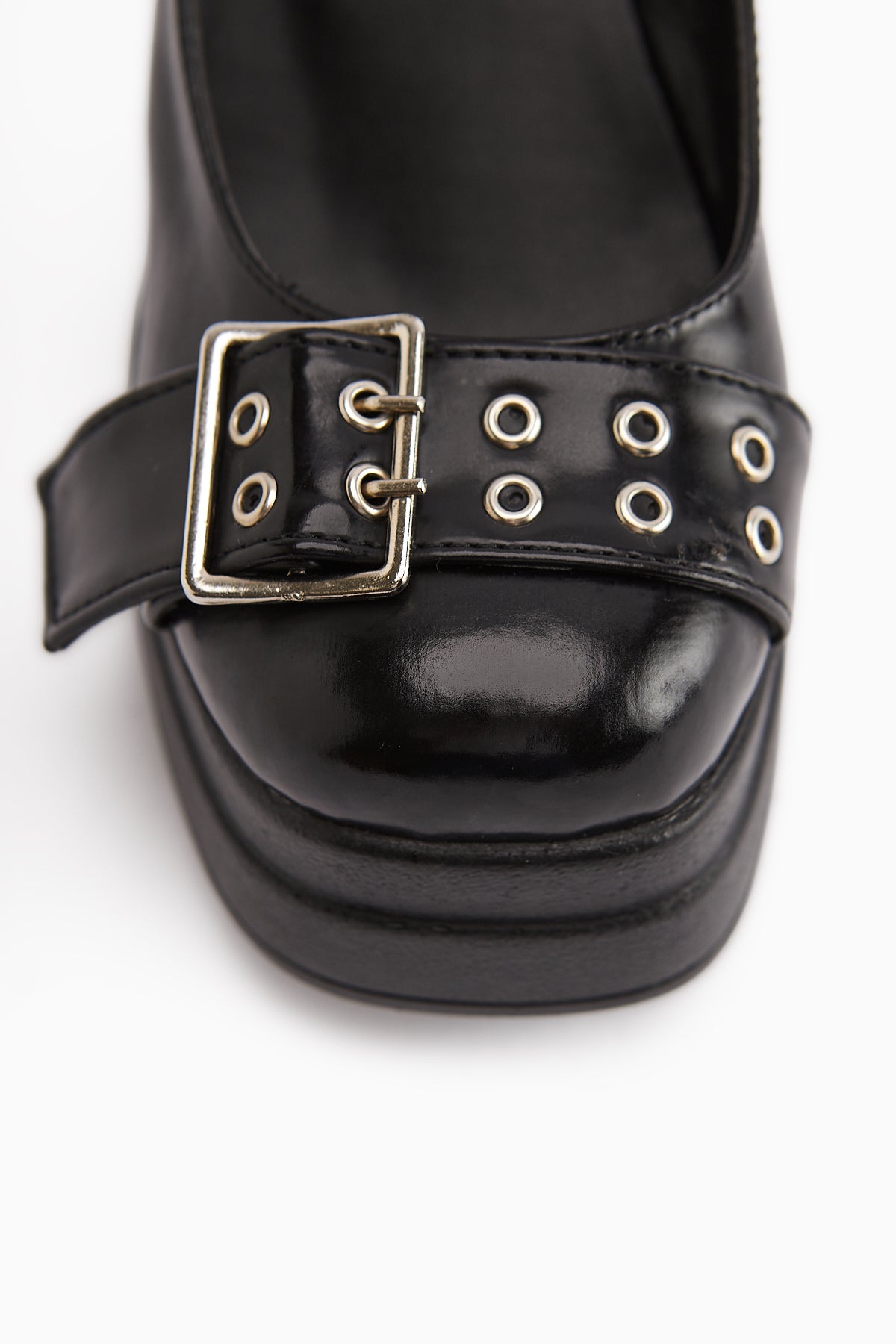 Salin Black Patent Belt Detailed Deep V Heeled Daily Shoes