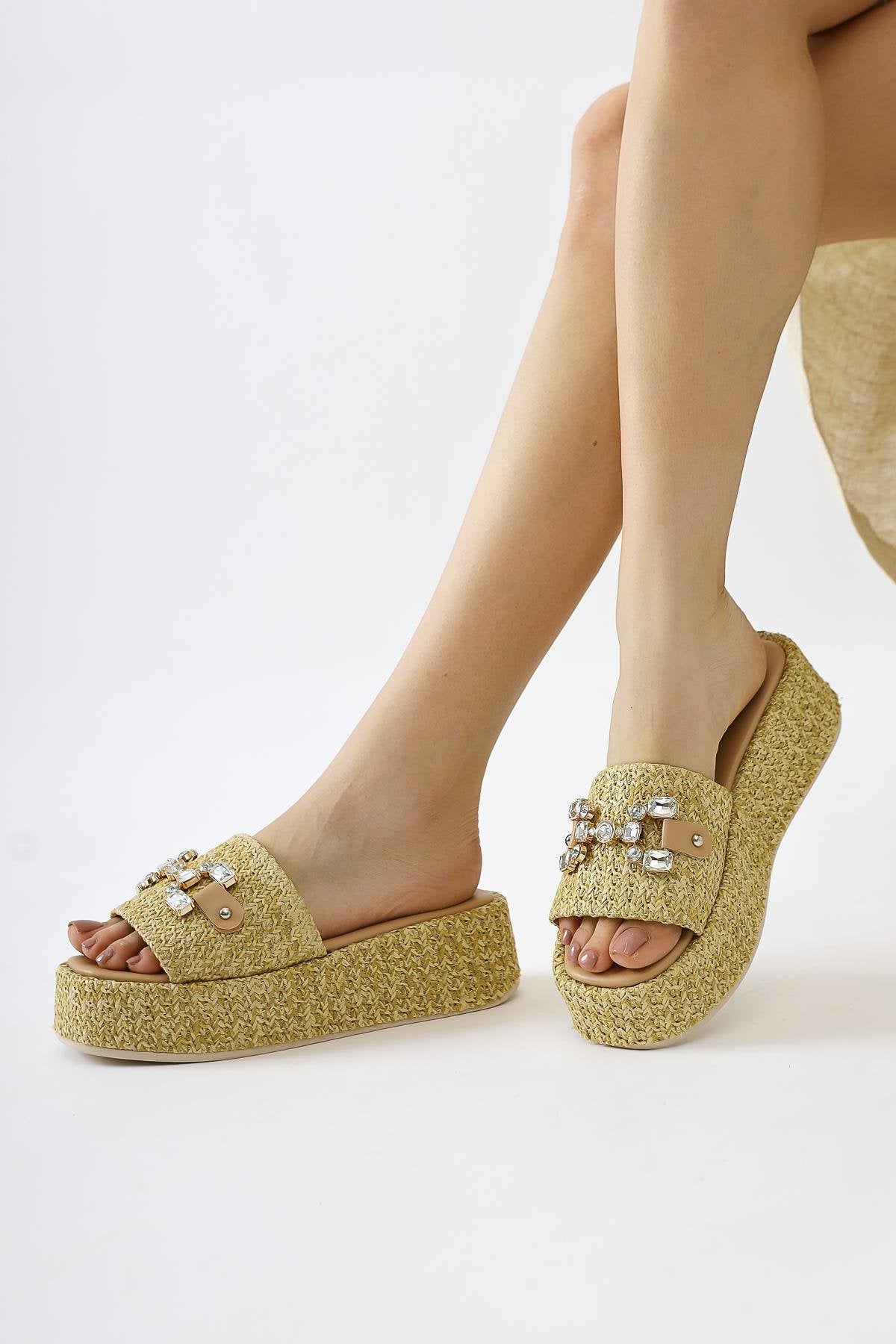 Dorine Nude Stone-Embellished High-Heeled Woven Slide Sandal