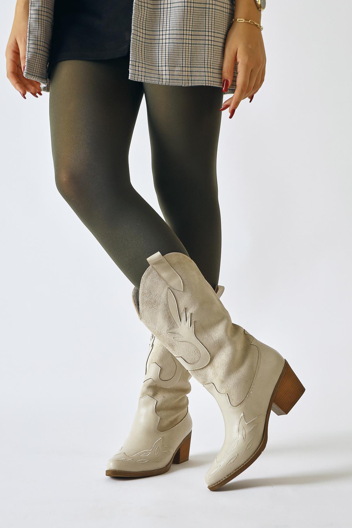 Maily – Beige Suede-Detail Embroidered Pointed-Toe Western Boot (Women)