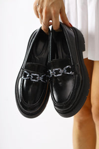 Roxne Black Crinkled Patent Leather Moccasin Shoes with Buckle Detail